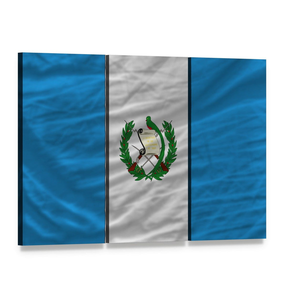 Guatemala Flag with Coat of Arms Canvas Wall Art, 3 panel 3 Horizontal layout gallery wrapped canvas set, angled product view