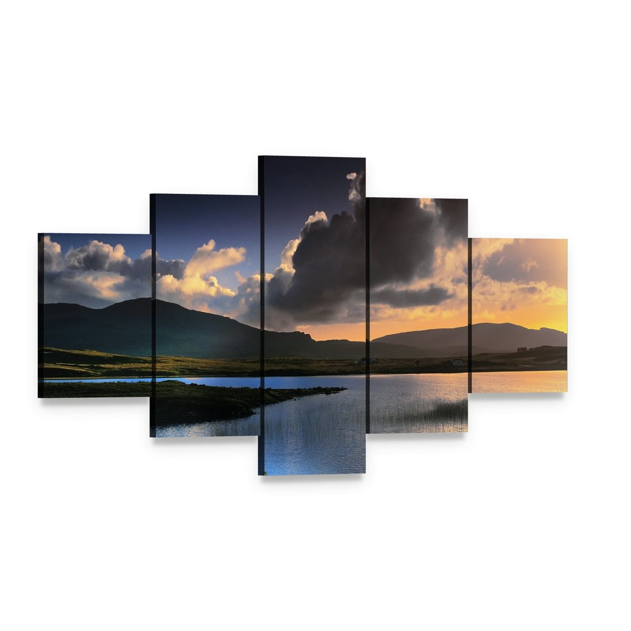 Isle of Skye Sunset Over Mountains and Lake Canvas Wall Art, 5 panel 5 Star layout gallery wrapped canvas set, angled product view