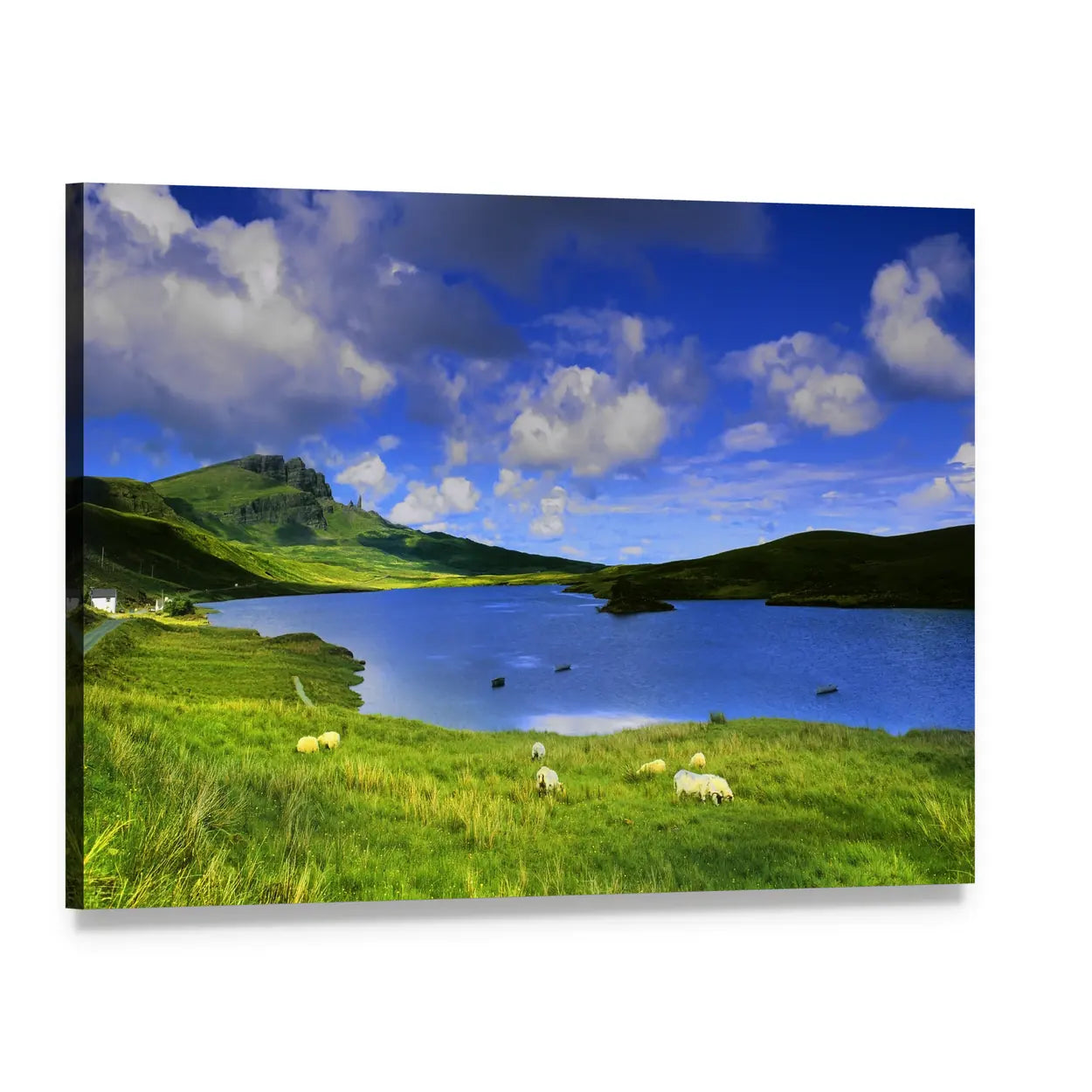 Isle of Skye Lake with Grazing Sheep Canvas Wall Art, single panel gallery wrapped canvas, angled product view