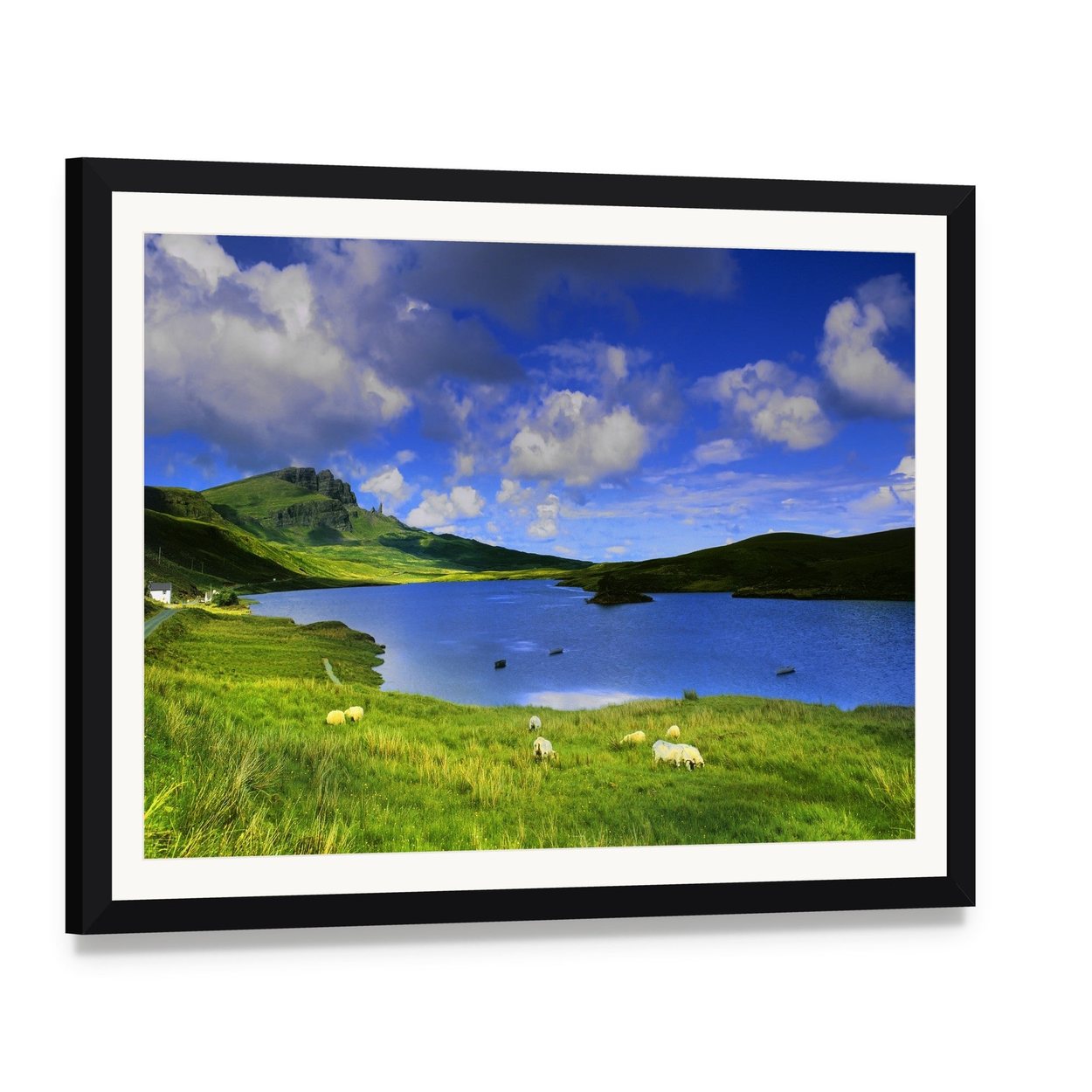 Isle of Skye Lake with Grazing Sheep Canvas Wall Art, framed print with white mat and black frame, angled product view