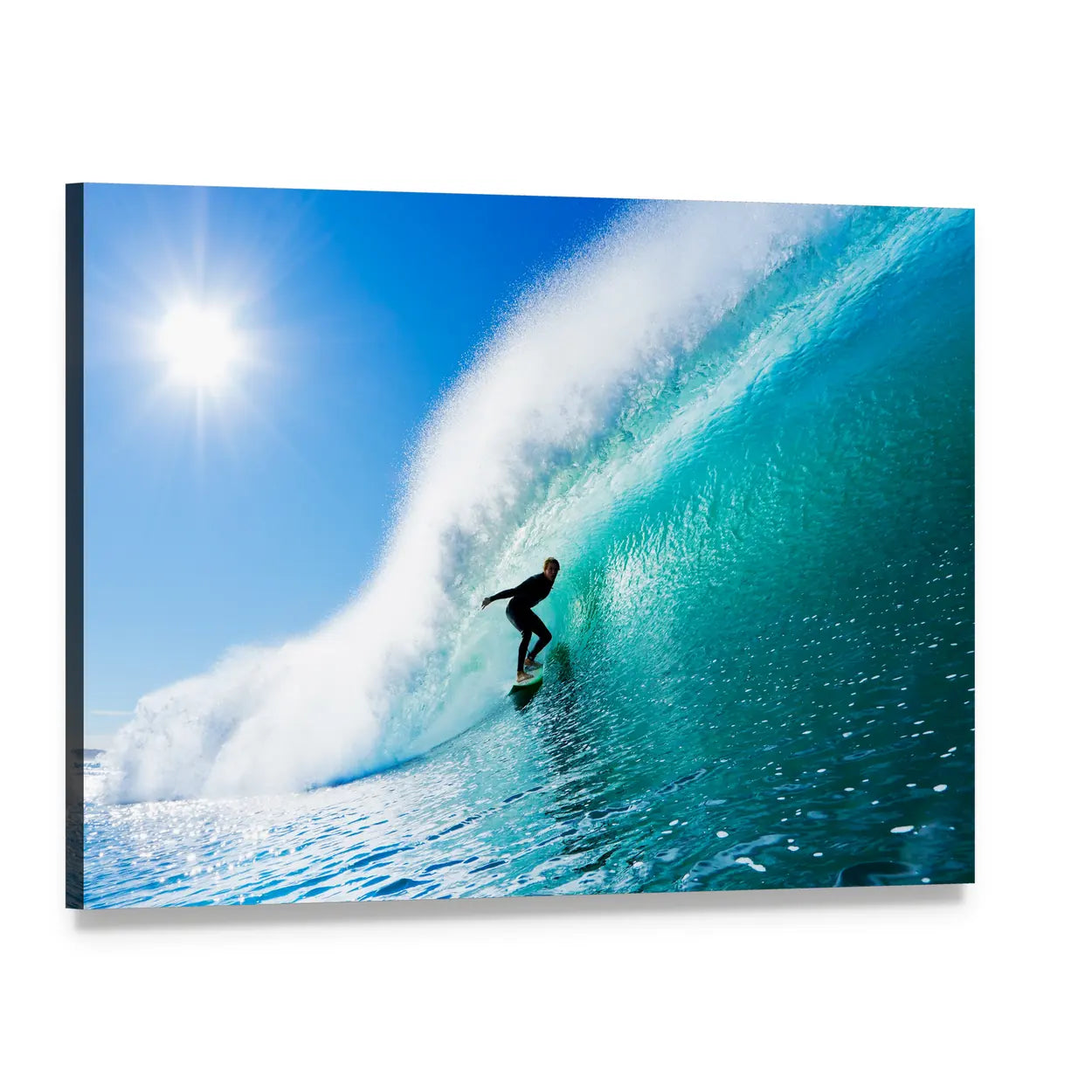 Surfer in Blue Barrel Wave Canvas Wall Art, single panel gallery wrapped canvas, angled product view