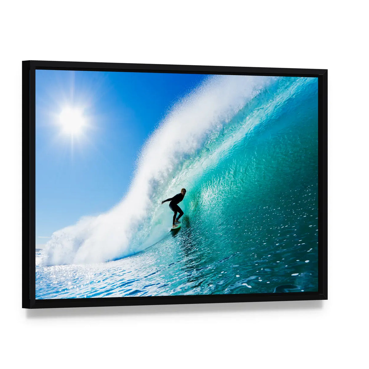 Surfer in Turquoise Barrel Wave Canvas Wall Art, framed canvas in a black floater frame, angled product view