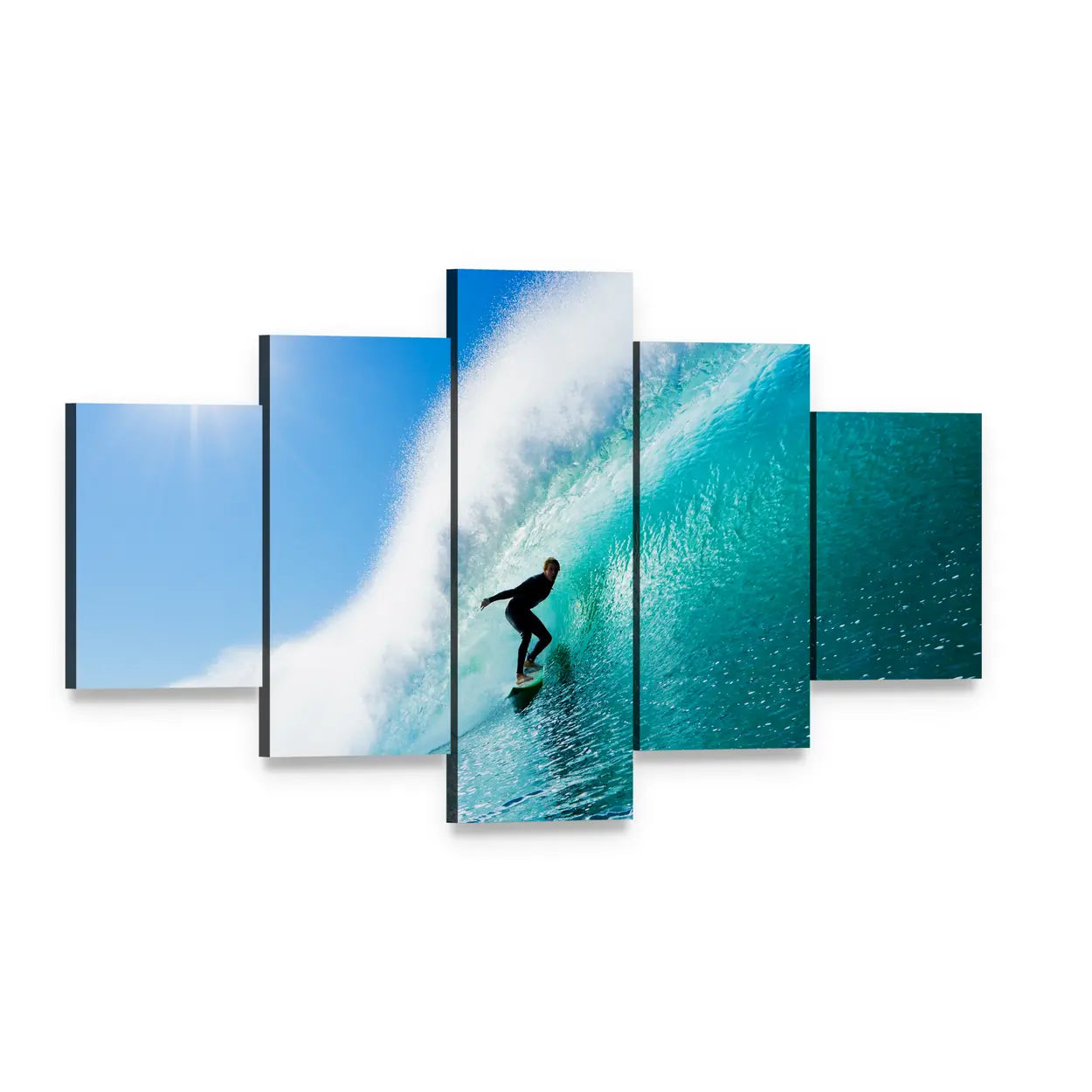 Surfer in Turquoise Barrel Wave Canvas Wall Art, 5 panel 5 Star layout gallery wrapped canvas set, angled product view