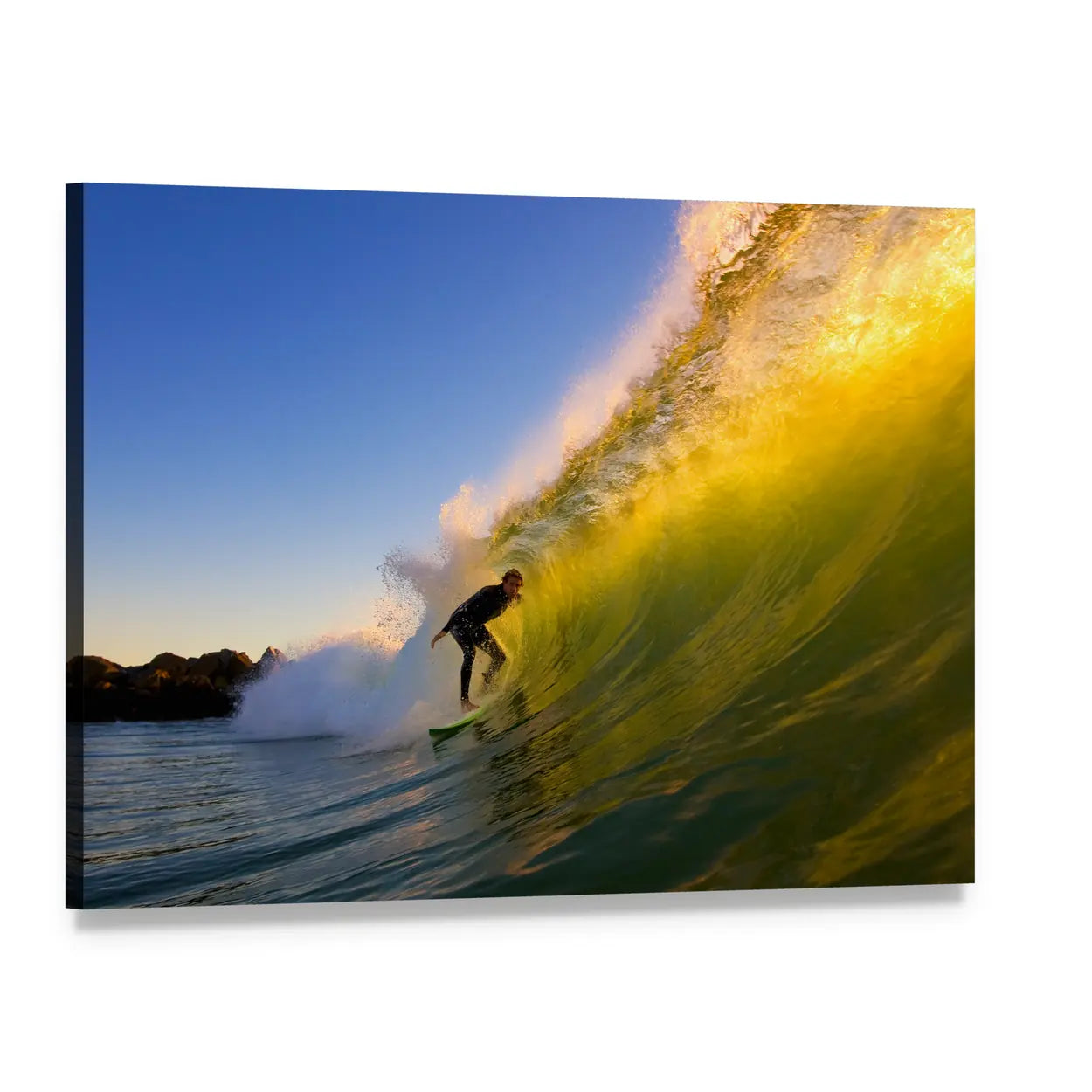 Surfer in Barrel at Sunset Canvas Wall Art, single panel gallery wrapped canvas, angled product view