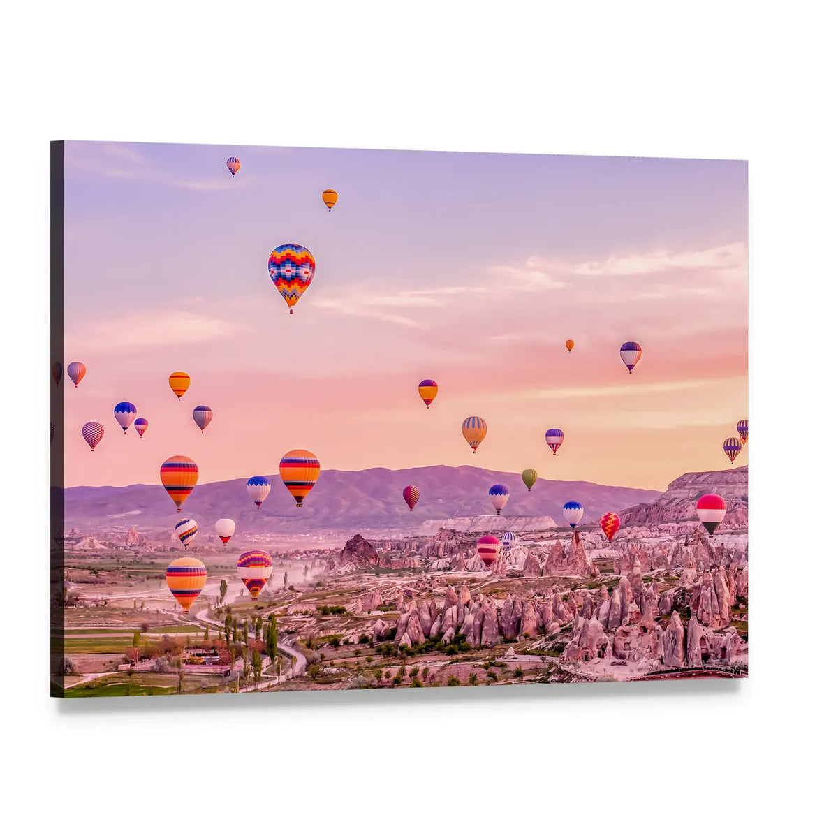 Hot Air balloons Flying Over Rock Landscape At Cappadocia Canvas Wall Art, single panel gallery wrapped canvas, angled product view