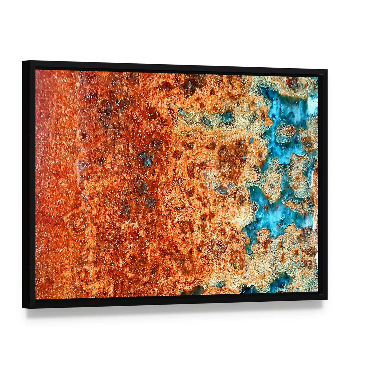Rust Patterns In Steel Canvas Wall Art, framed canvas in a black floater frame, angled product view