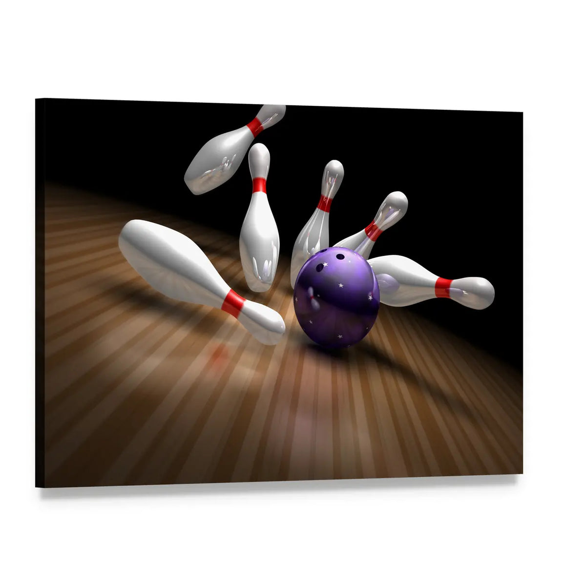 Purple Bowling Ball Striking Pins Canvas Wall Art, single panel gallery wrapped canvas, angled product view