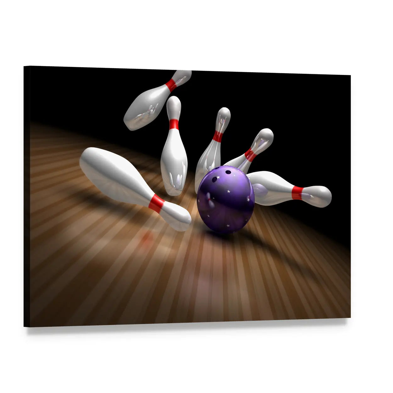 Purple Bowling Ball Striking Pins Canvas Wall Art, single panel gallery wrapped canvas, angled product view