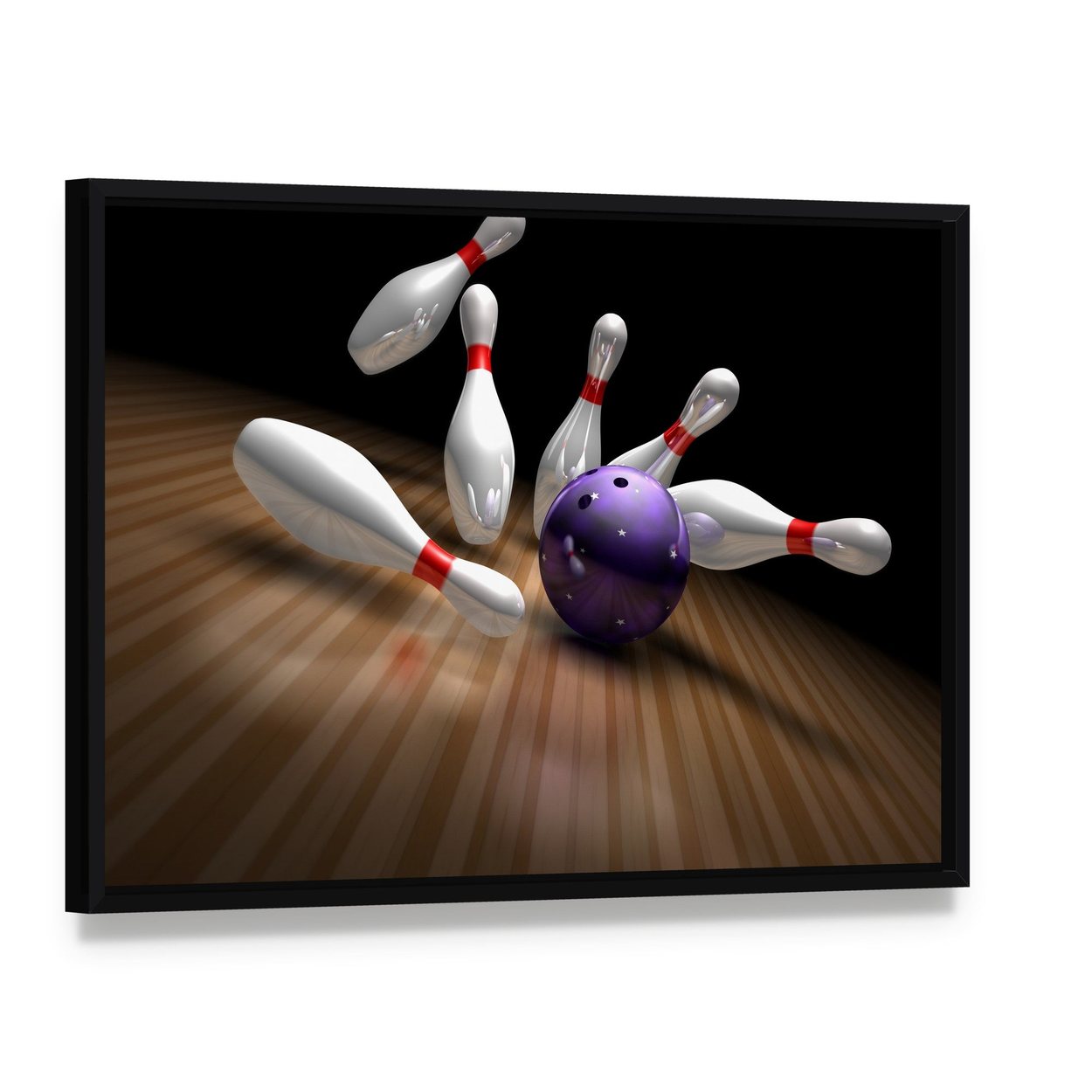 Purple Bowling Ball Canvas Wall Art, framed canvas in a black floater frame, angled product view
