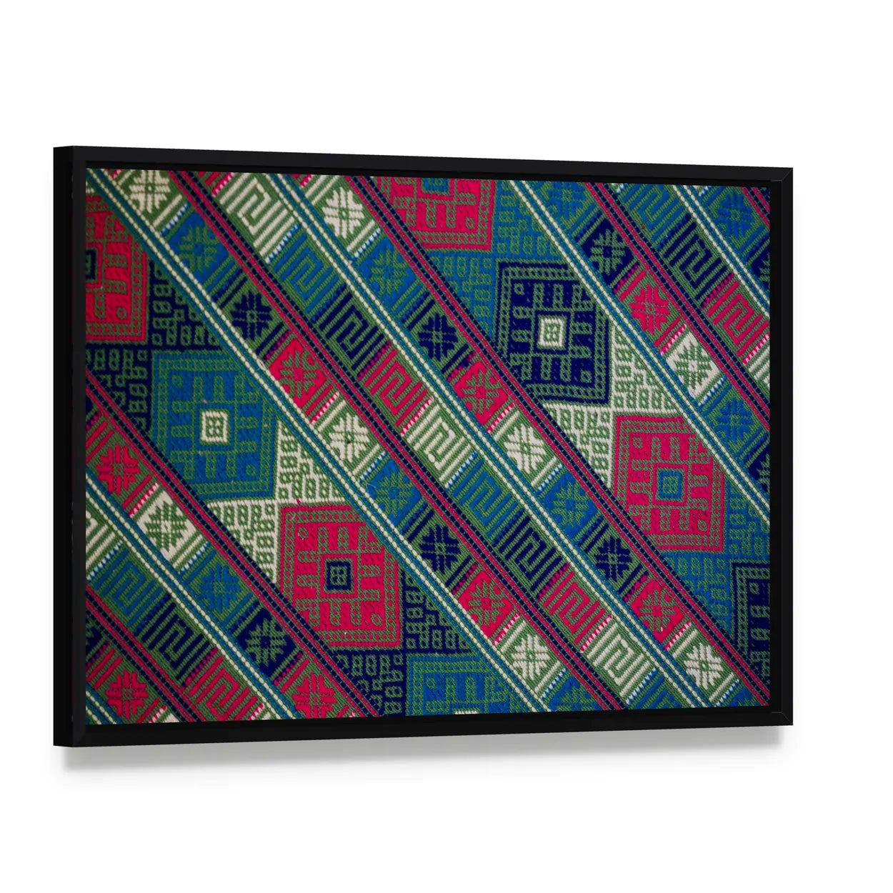 Bhutan Handwoven Textile Texture Canvas Wall Art, framed canvas in a black floater frame, angled product view