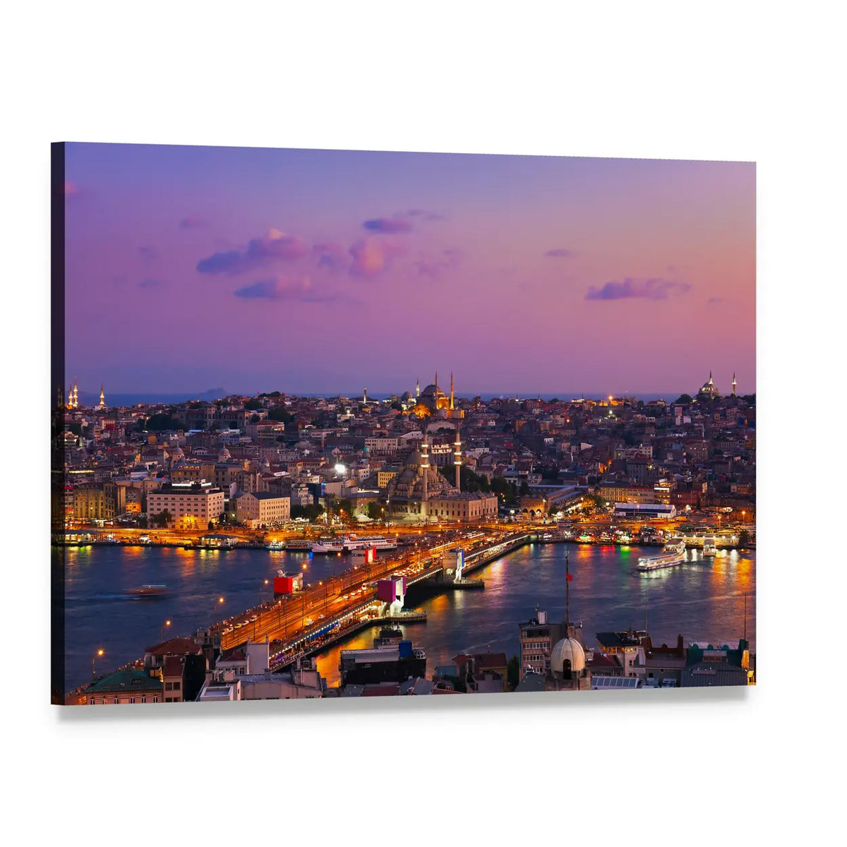 Istanbul Night Skyline with Galata Bridge Canvas Wall Art, single panel gallery wrapped canvas, angled product view
