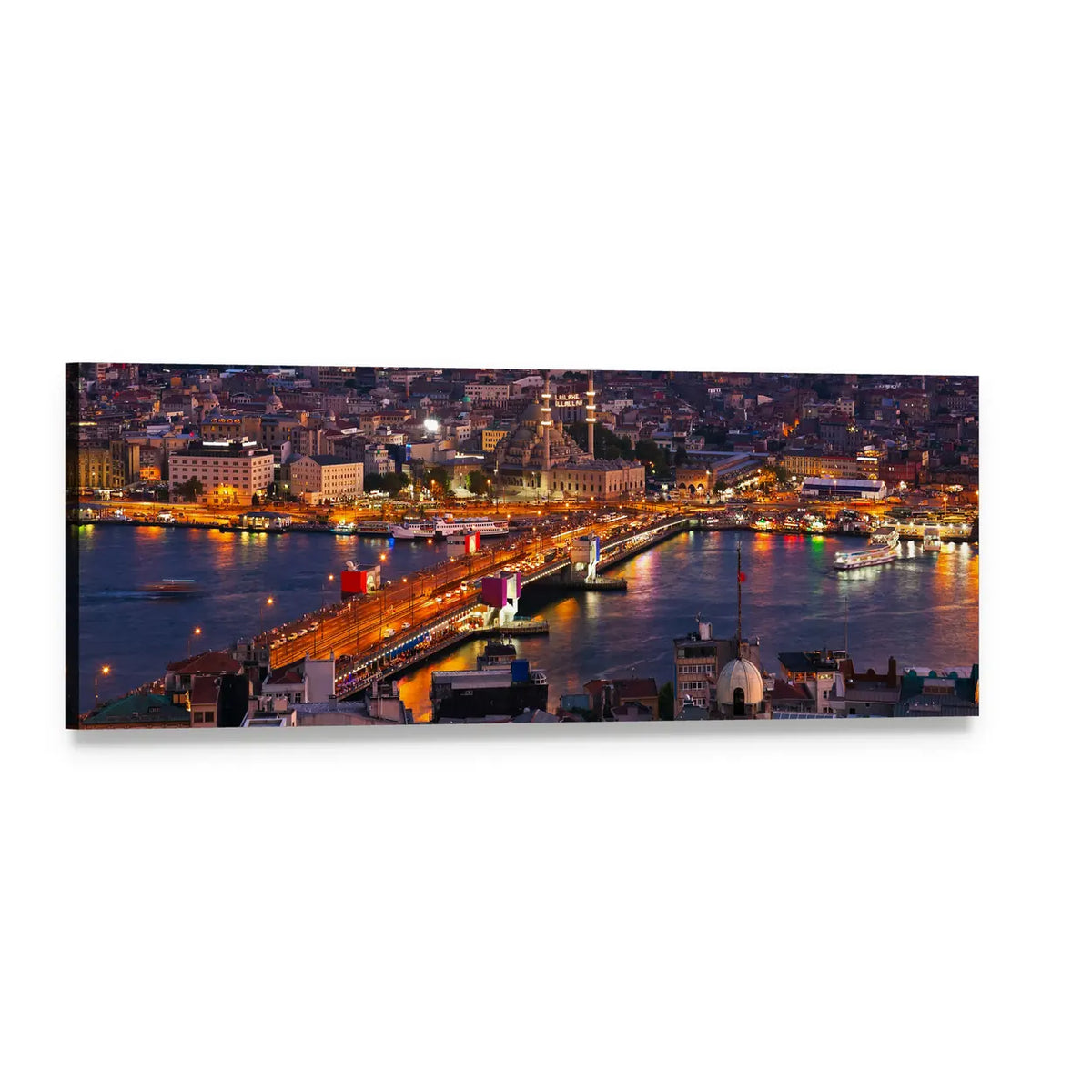 Istanbul Night Skyline with Galata Bridge Panoramic Canvas Wall Art, single panel gallery wrapped canvas, angled product view