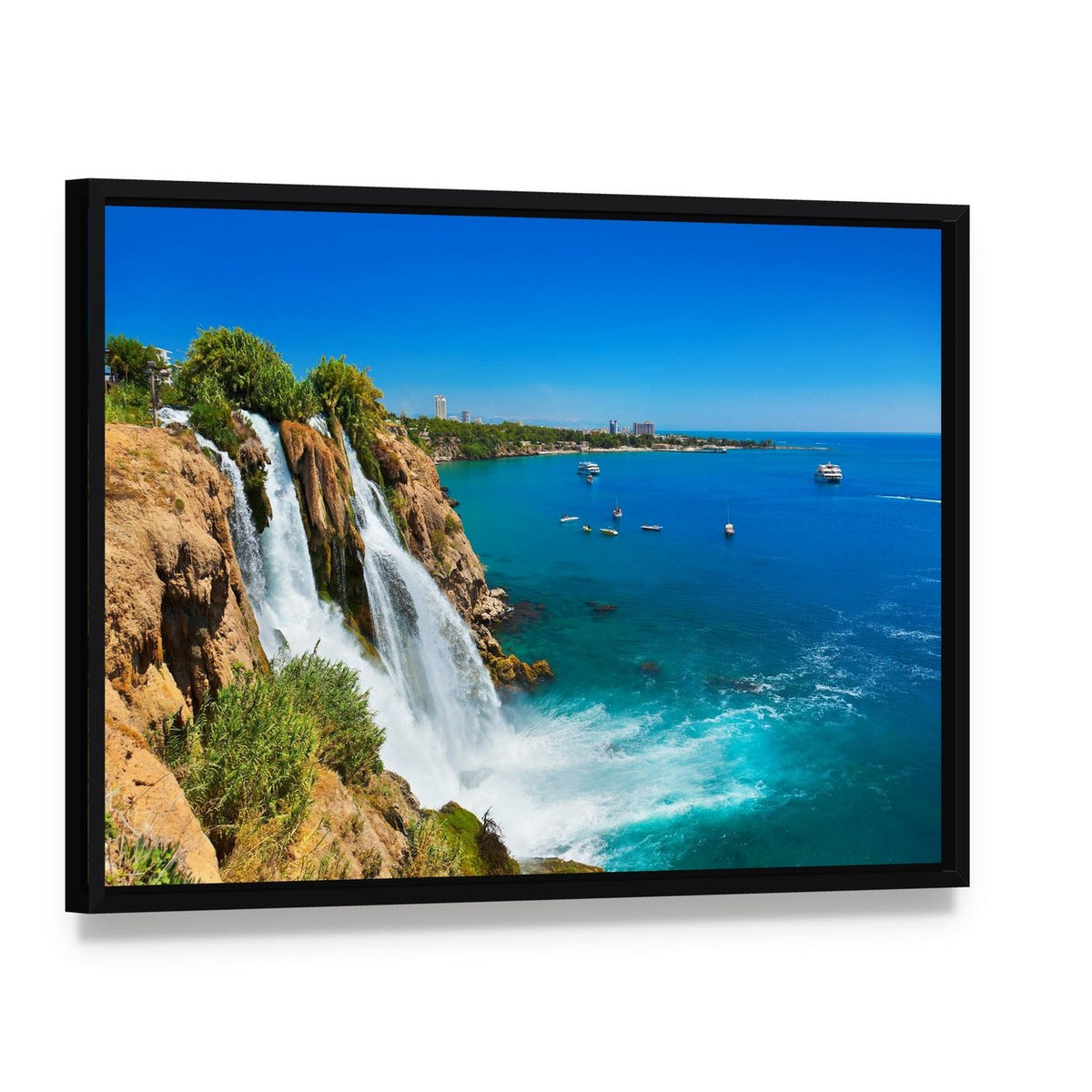 Waterfall Duden at Antalya Turkey Canvas Wall Art, framed canvas in a black floater frame, angled product view