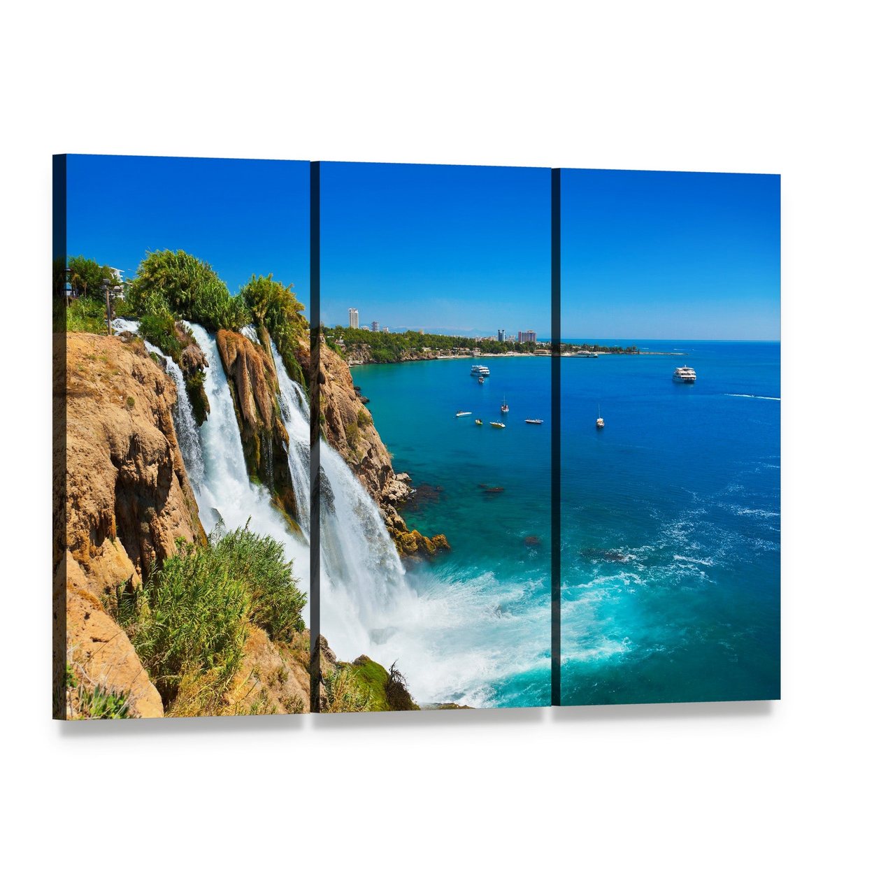 Waterfall Duden at Antalya Turkey Canvas Wall Art, 3 panel 3 Horizontal layout gallery wrapped canvas set, angled product view
