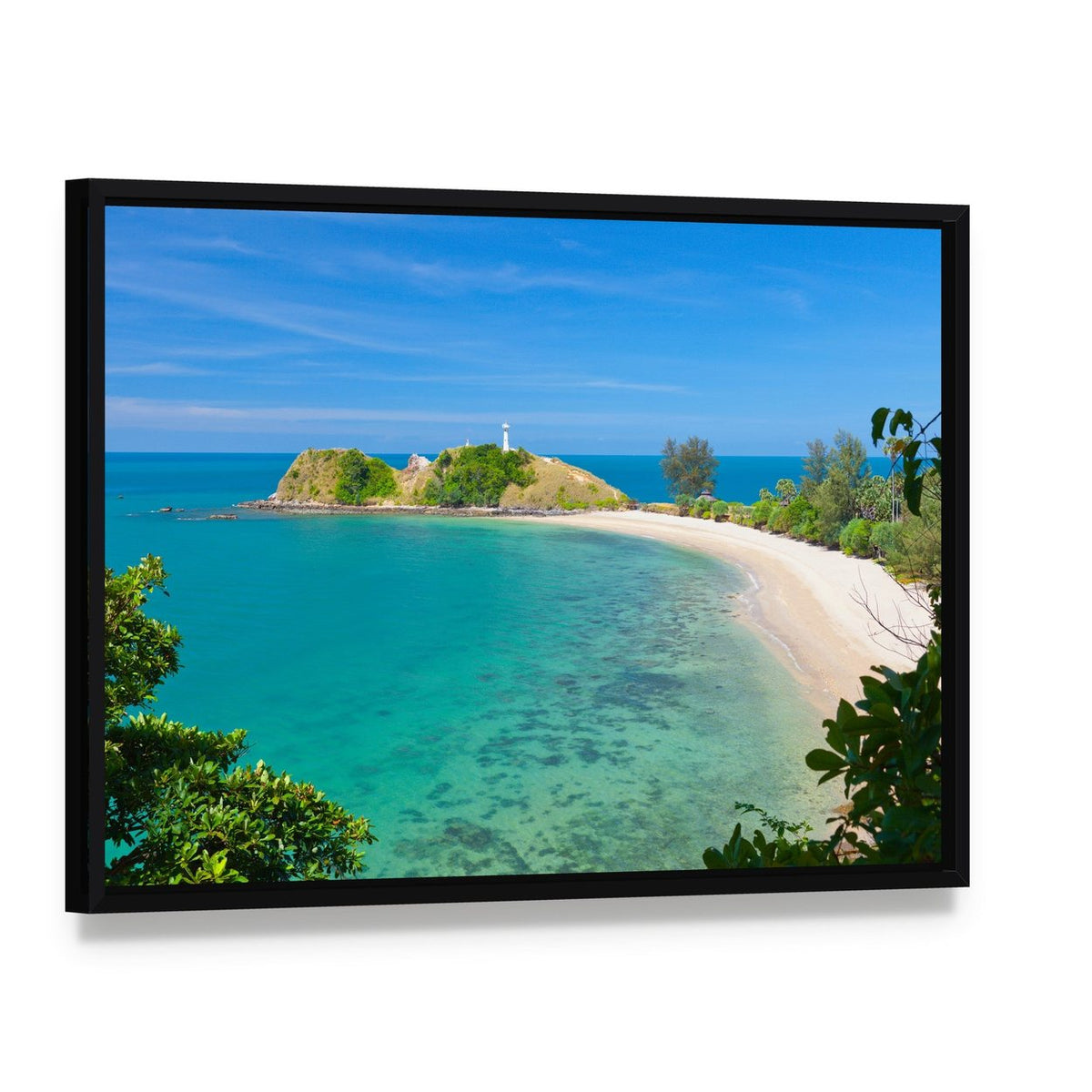 Tropical Beach with White Lighthouse Canvas Wall Art, framed canvas in a black floater frame, angled product view