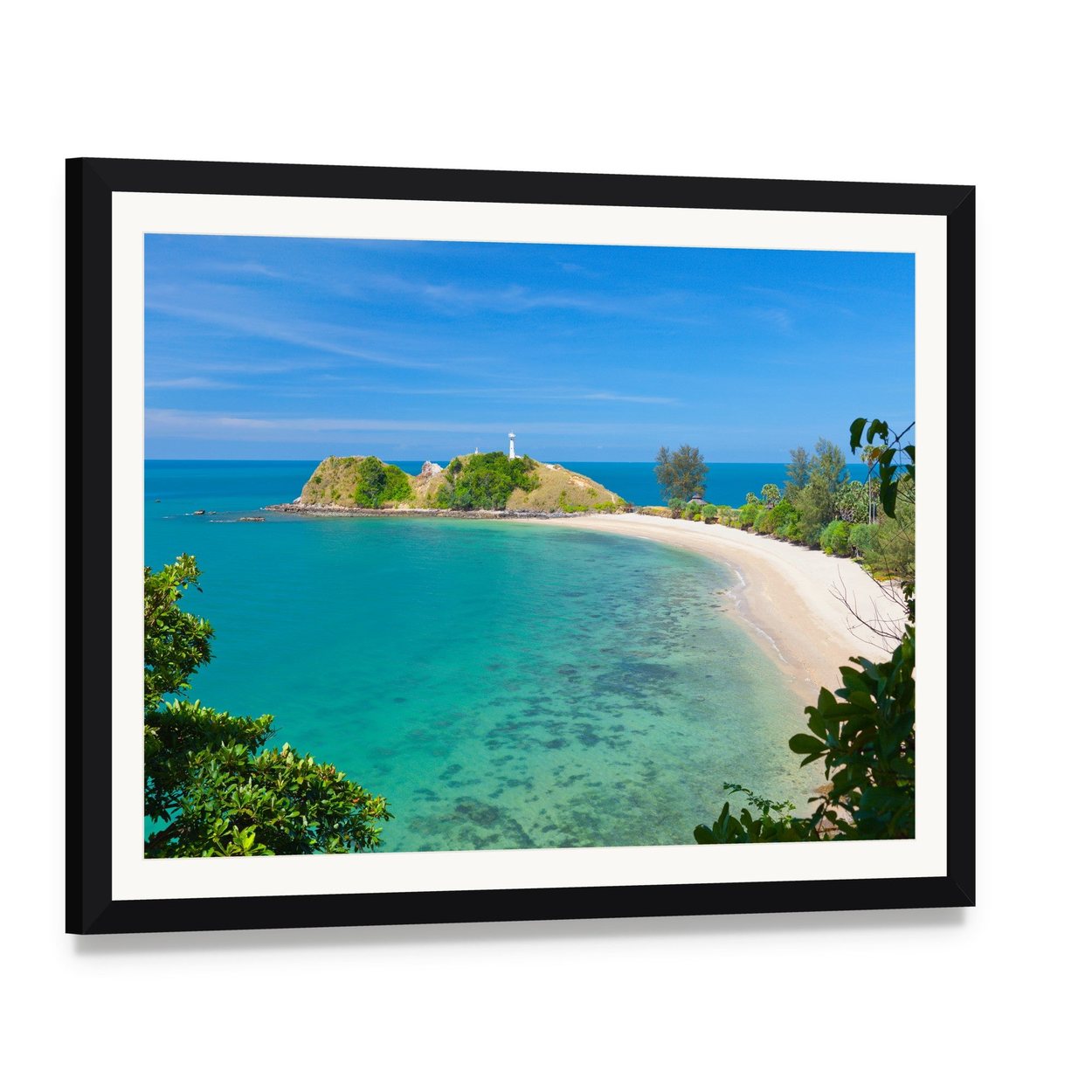 Tropical Beach with White Lighthouse Canvas Wall Art, framed print with white mat and black frame, angled product view