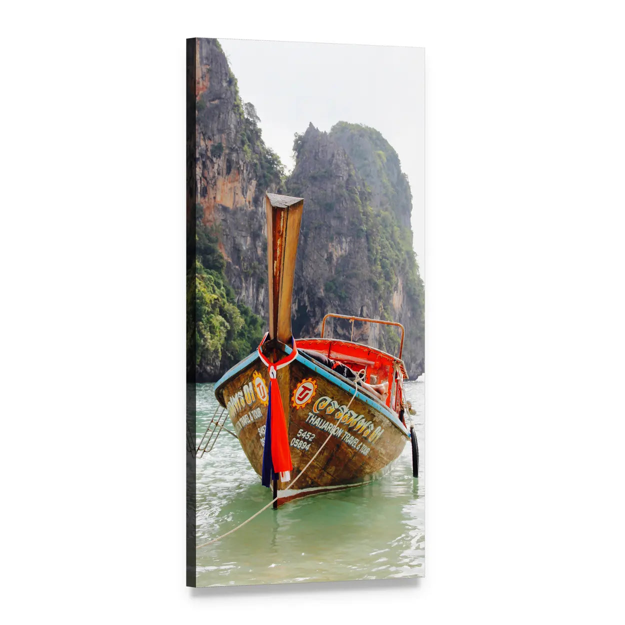 Thai Longtail Boat by Limestone Cliffs Vertical Canvas Wall Art, 1 panel 1 Vertical layout gallery wrapped canvas set, angled product view
