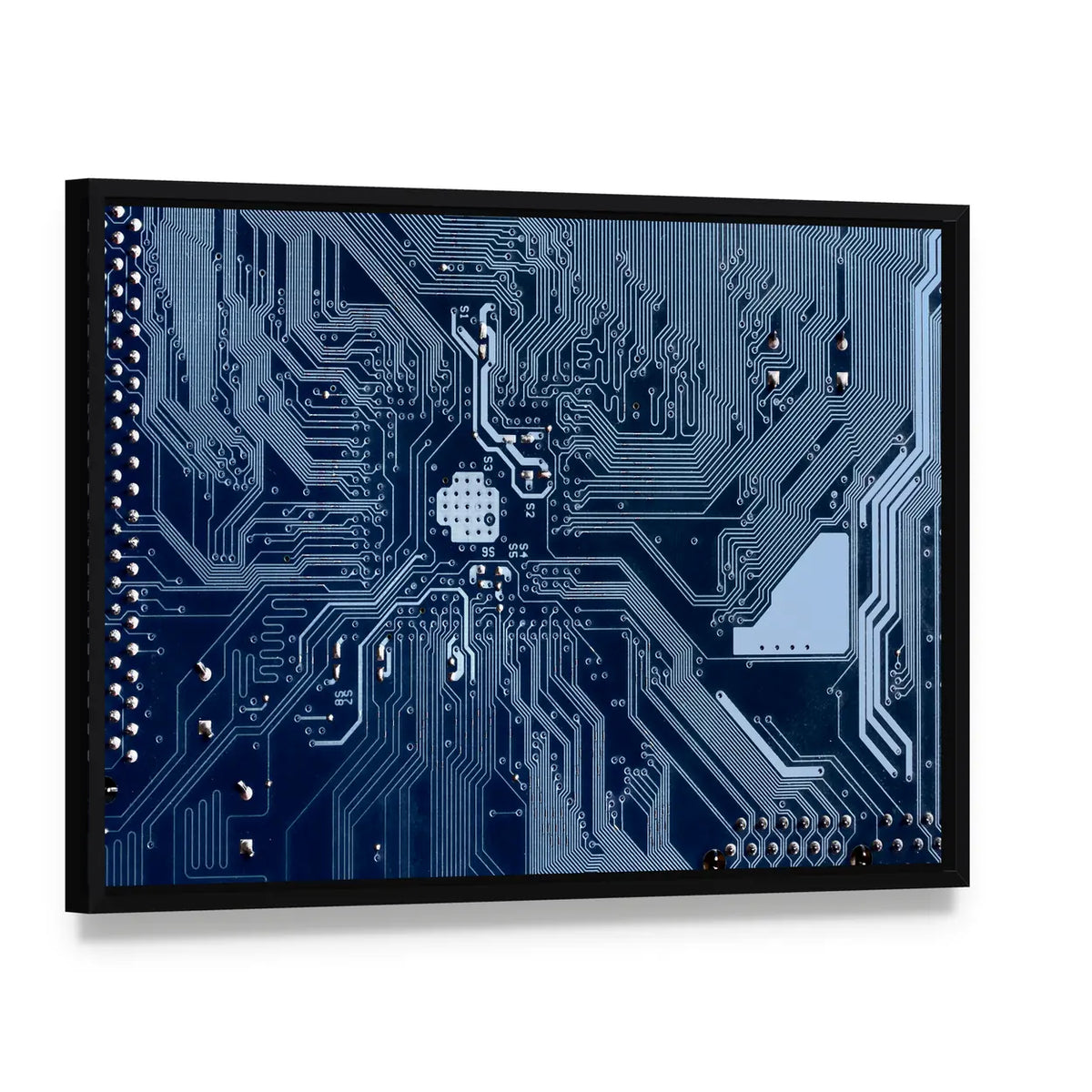 Blue Circuit Board Canvas Wall Art, framed canvas in a black floater frame, angled product view