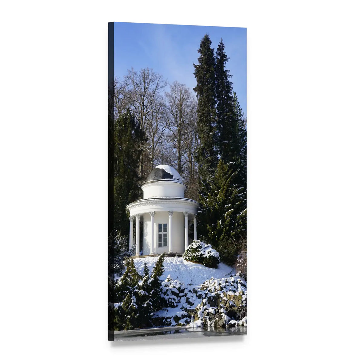 Snow-covered White Rotunda Vertical Canvas Wall Art, 1 panel 1 Vertical layout gallery wrapped canvas set, angled product view