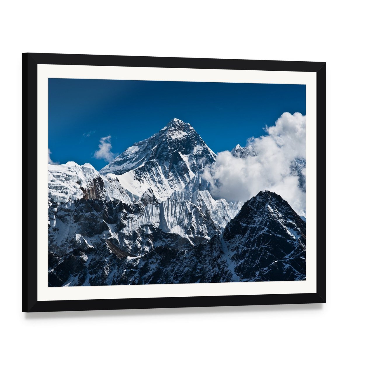 Everest Mountain Peak Canvas Wall Art, framed print with white mat and black frame, angled product view