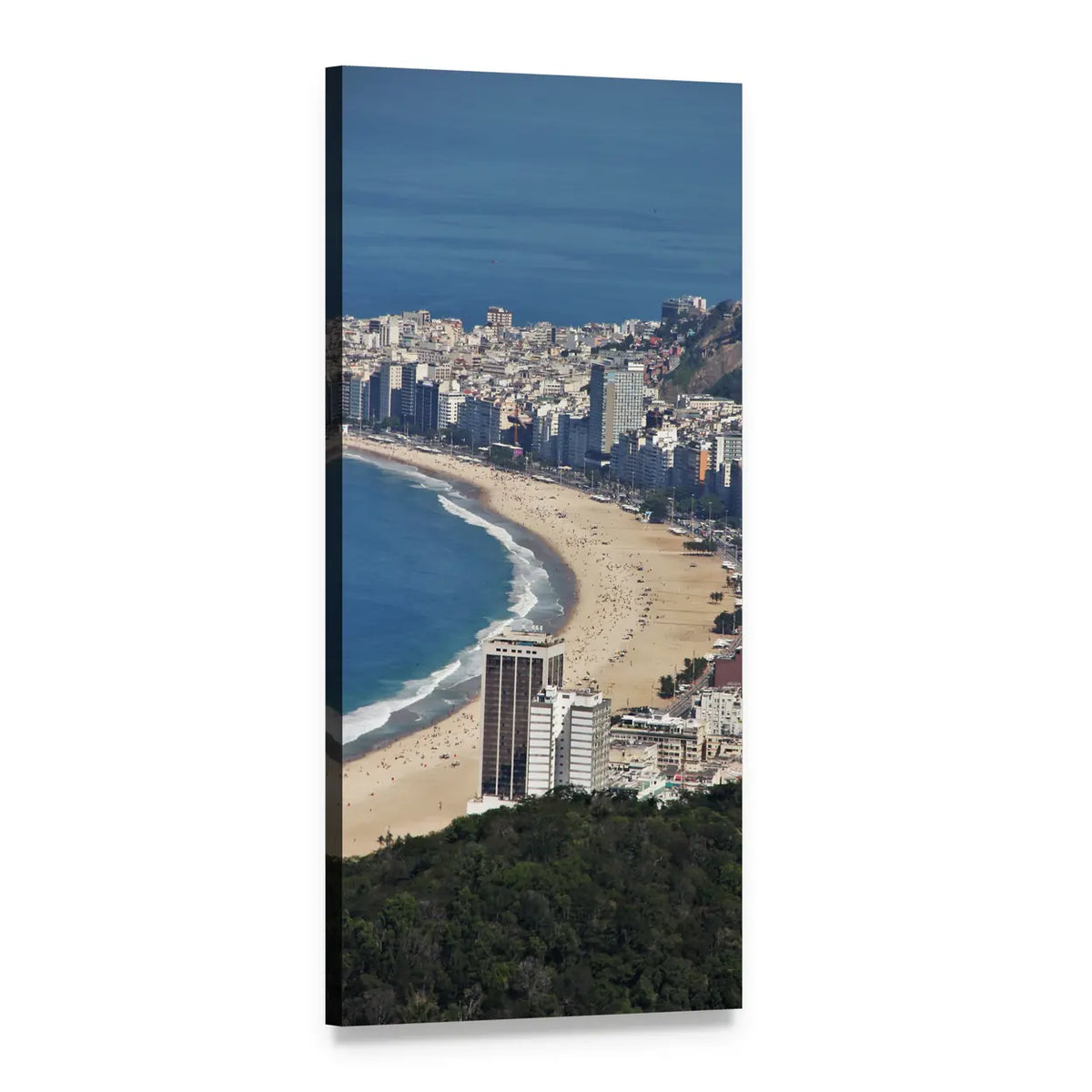Curving Tropical Beach with City Skyline Vertical Canvas Wall Art, 1 panel 1 Vertical layout gallery wrapped canvas set, angled product view