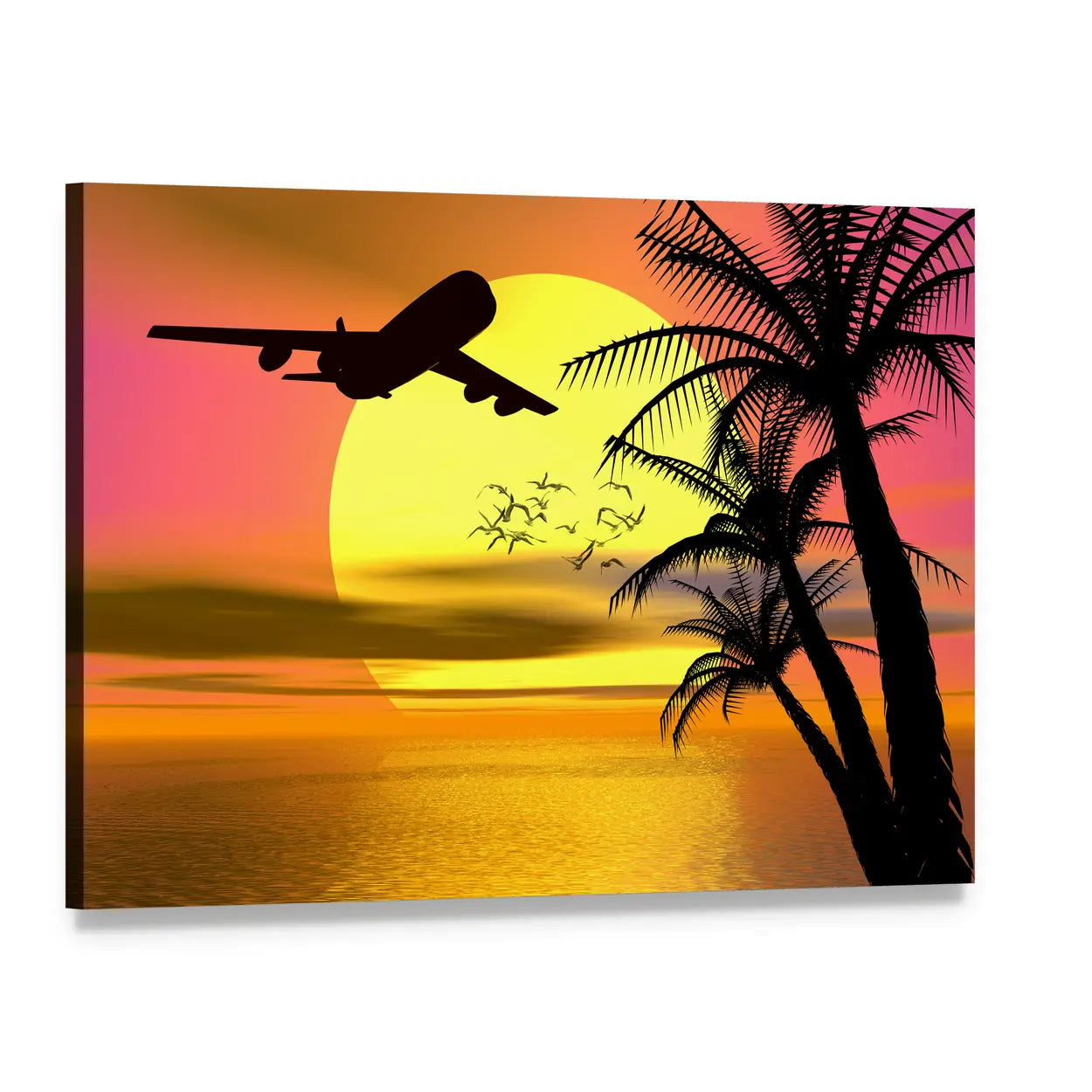 Airplane Over Tropical Sunset Canvas Wall Art, single panel gallery wrapped canvas, angled product view