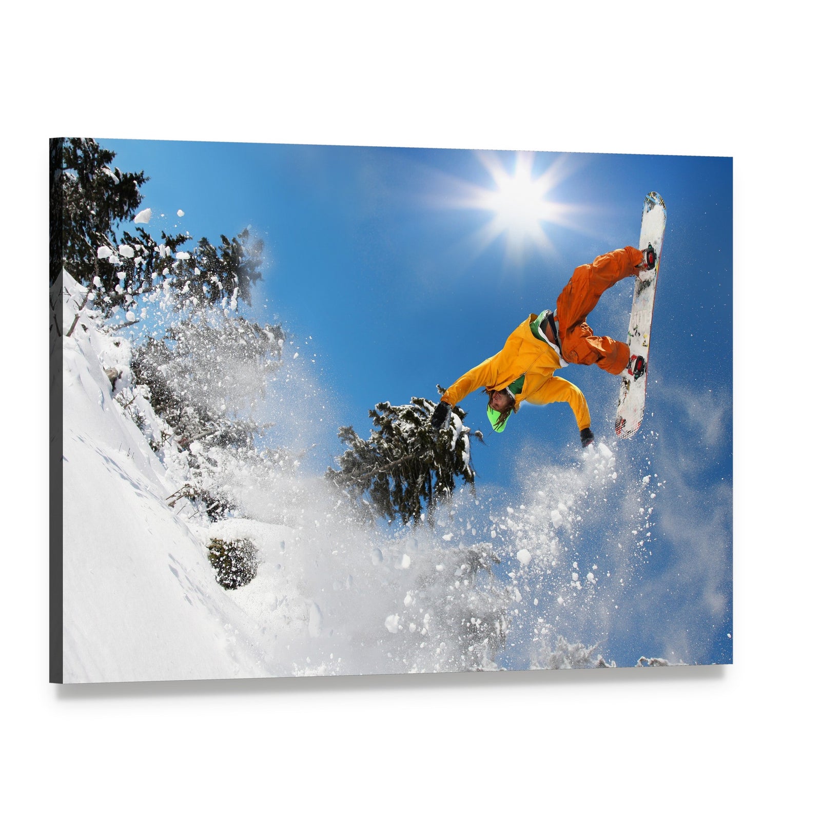 Snowboarder Jumping Against Blue Sky Canvas Wall Art, single panel gallery wrapped canvas, angled product view