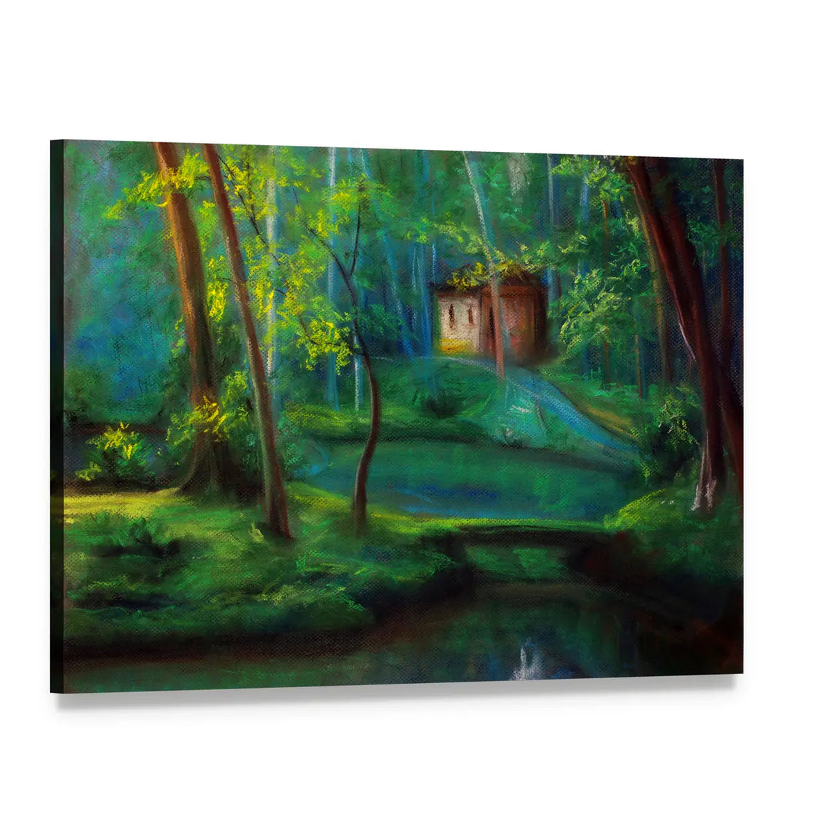 Fairy Tale Forest Cabin at Dusk Canvas Wall Art, single panel gallery wrapped canvas, angled product view