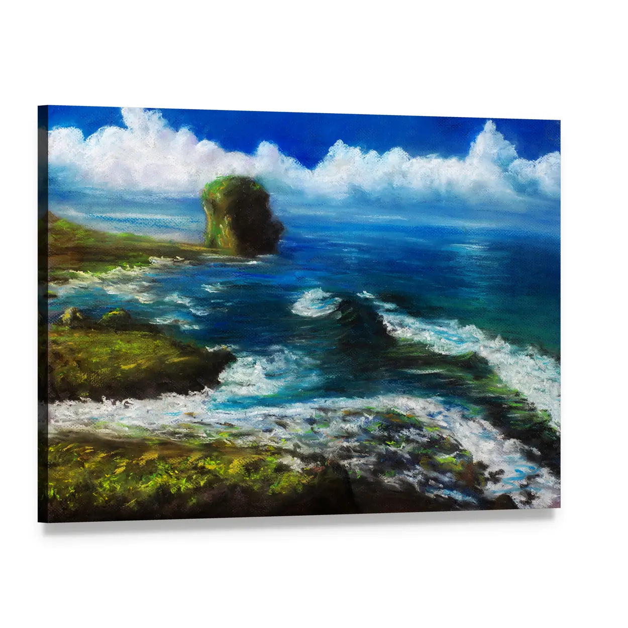 Coastal Landscape with Sea Stack Canvas Wall Art, single panel gallery wrapped canvas, angled product view