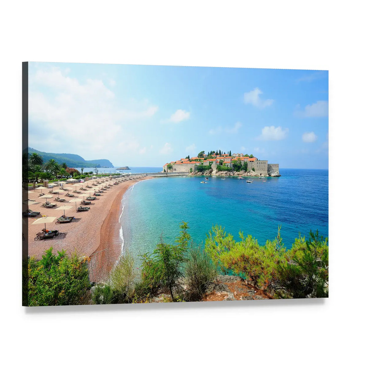 Sveti Stefan Island Aerial Beach View Canvas Wall Art, single panel gallery wrapped canvas, angled product view