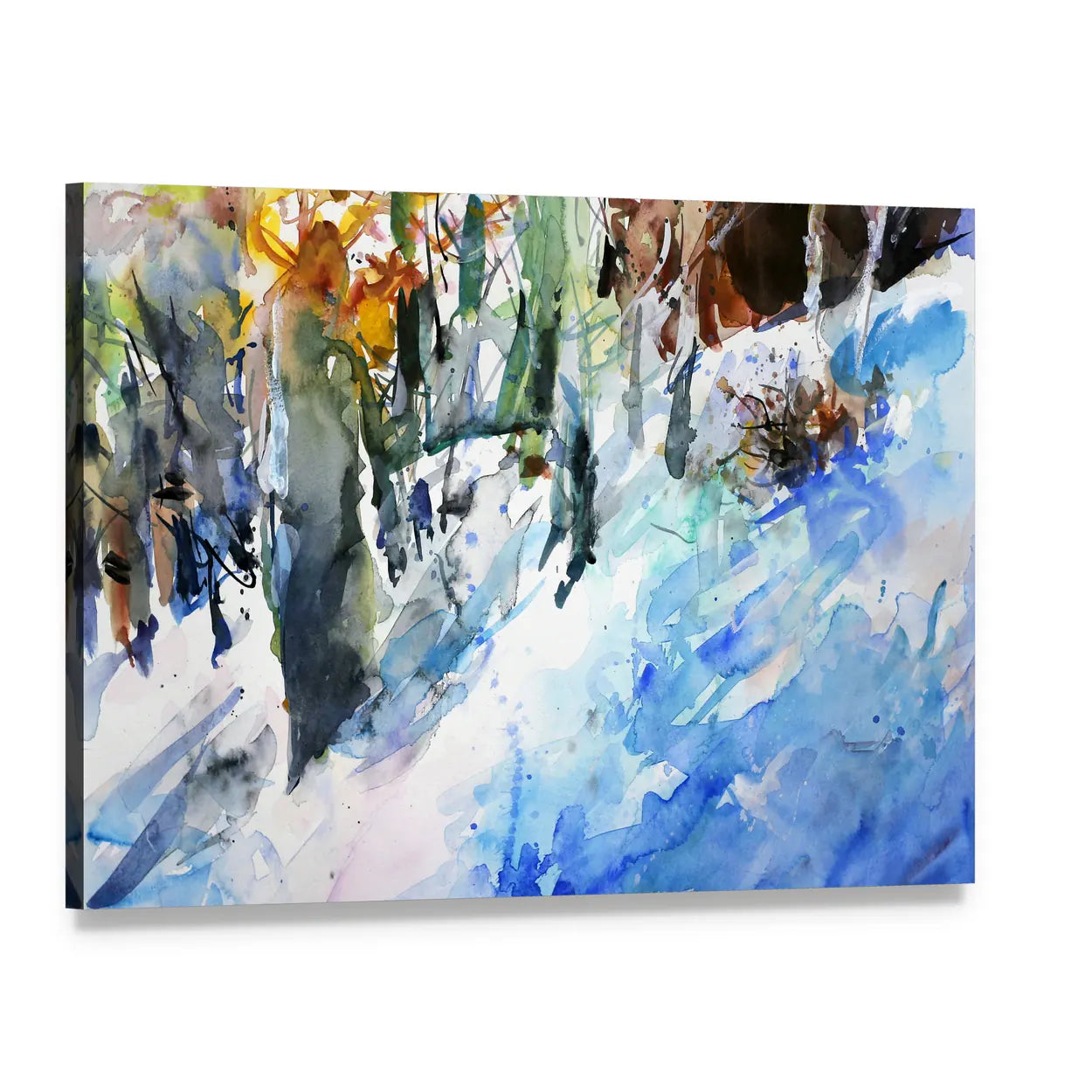 Watercolor Winter Forest Canvas Wall Art, single panel gallery wrapped canvas, angled product view