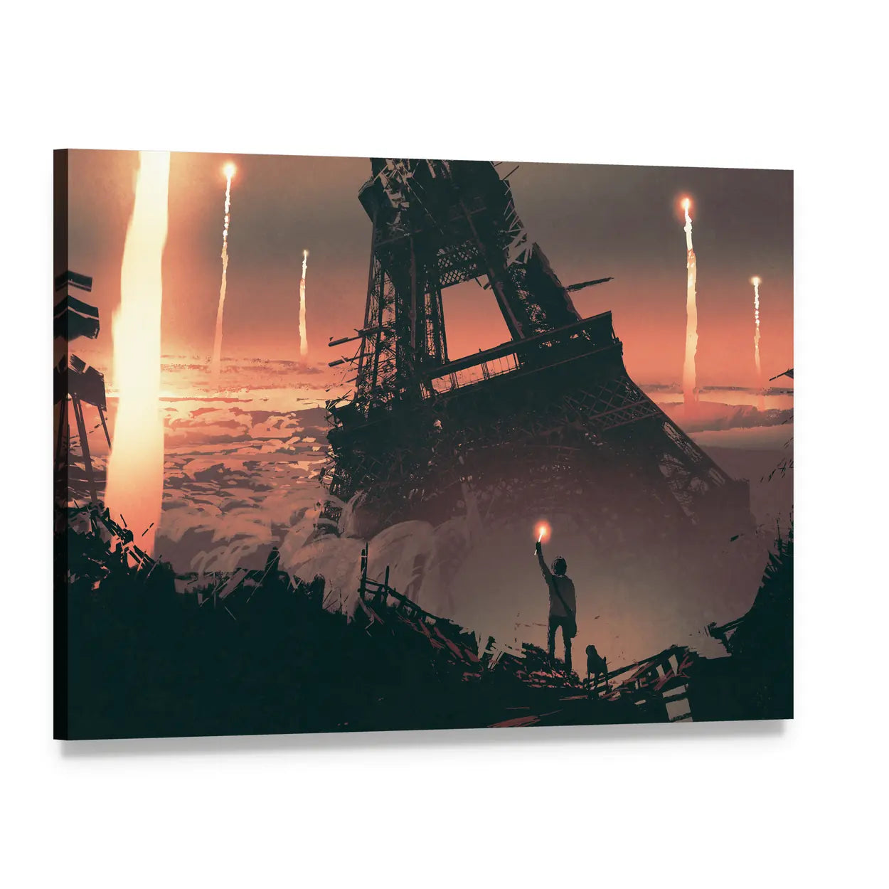 Silhouetted Man at Crumbling Eiffel Tower Canvas Wall Art, single panel gallery wrapped canvas, angled product view