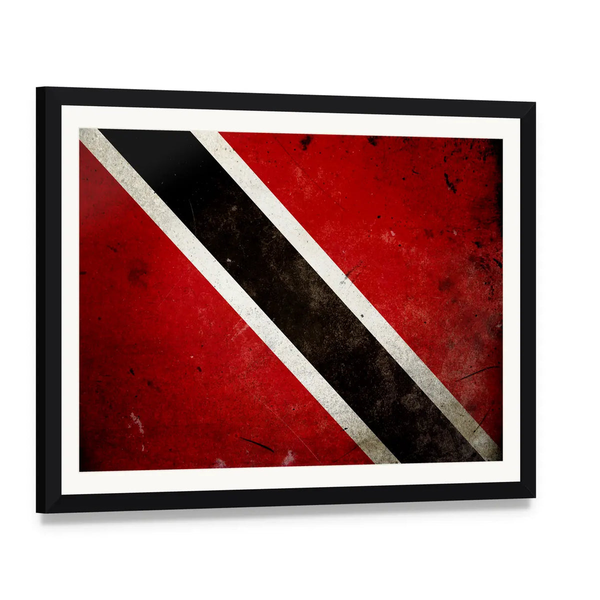 Trinidad and Tobago Flag Distressed Texture Canvas Wall Art, framed print with white mat and black frame, angled product view