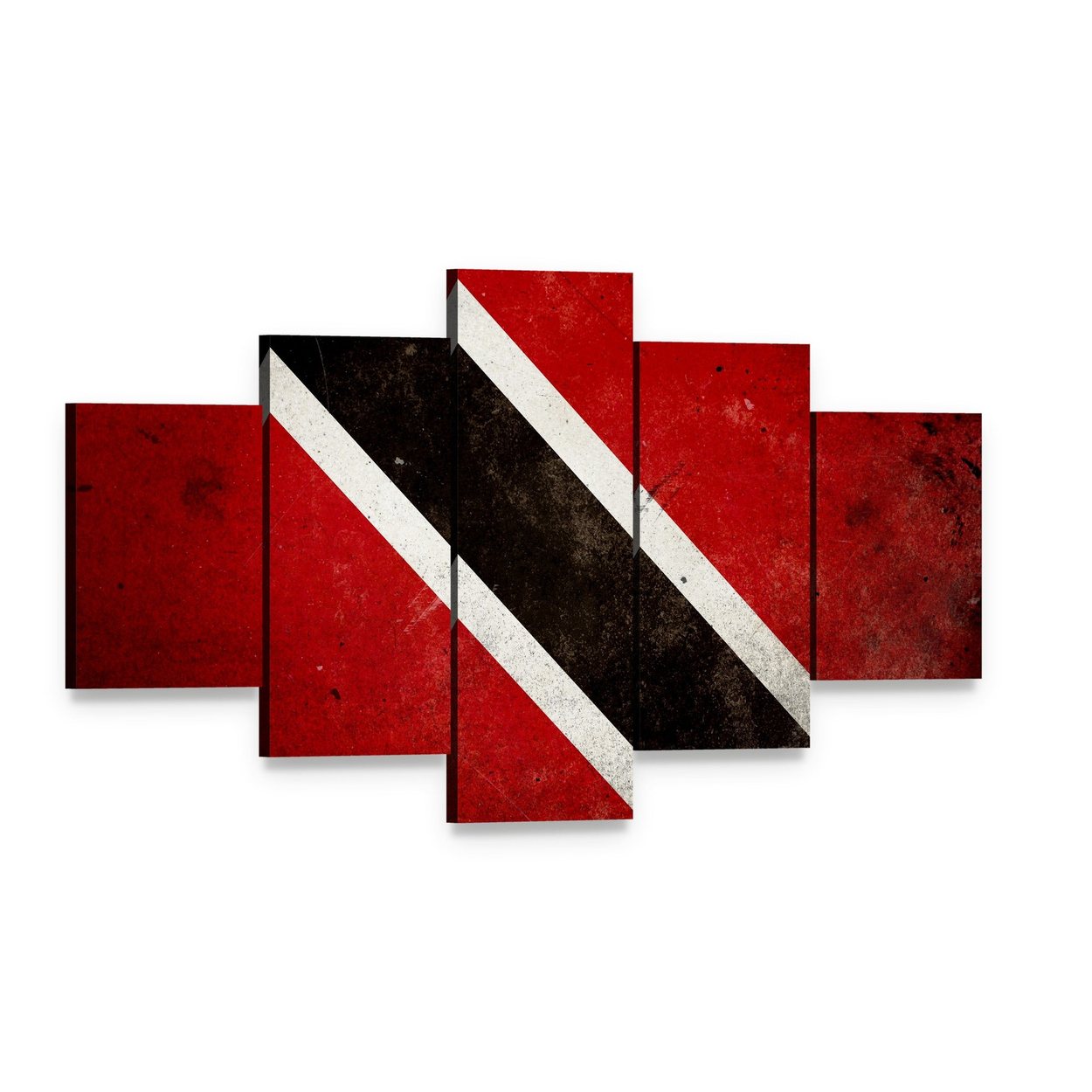 Trinidad and Tobago Flag Distressed Vintage Canvas Wall Art, 5 panel 5 Star layout gallery wrapped canvas set, angled product view