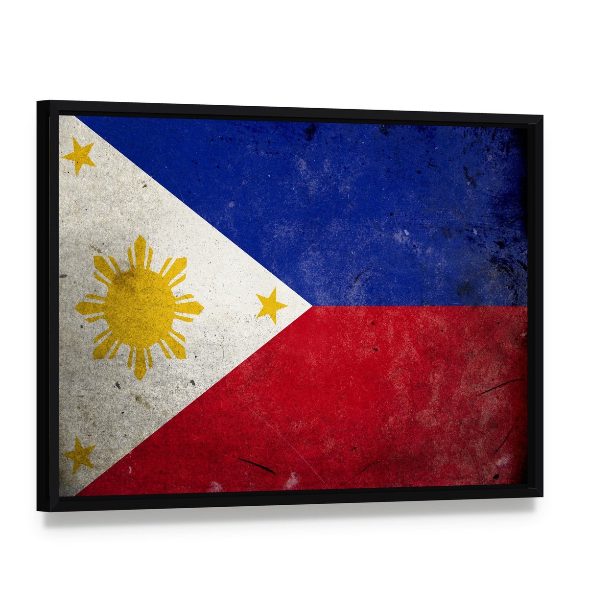 Vintage Philippine Flag with Sun and Stars Canvas Wall Art, framed canvas in a black floater frame, angled product view