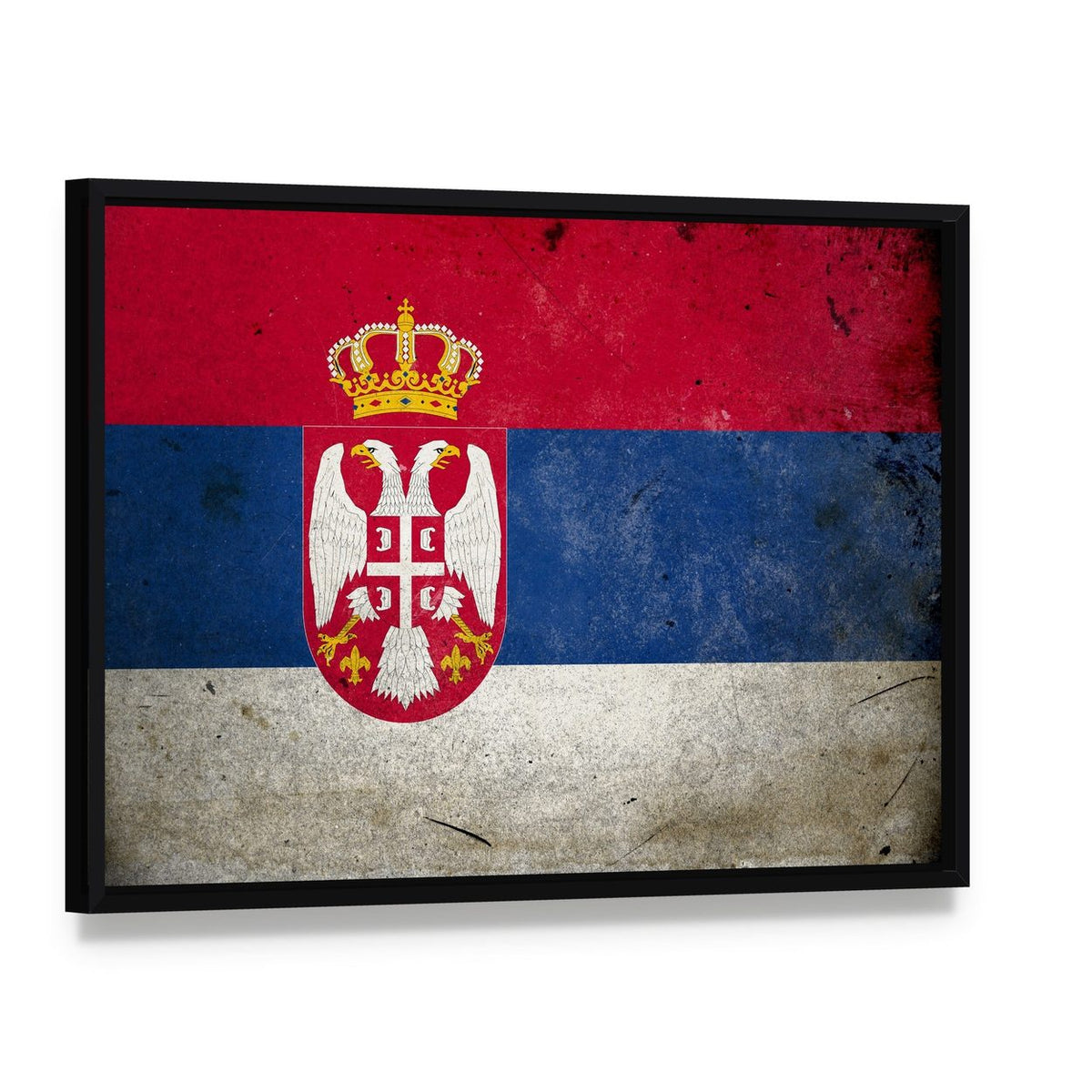 Serbian Flag on Grunge Texture Canvas Wall Art, framed canvas in a black floater frame, angled product view