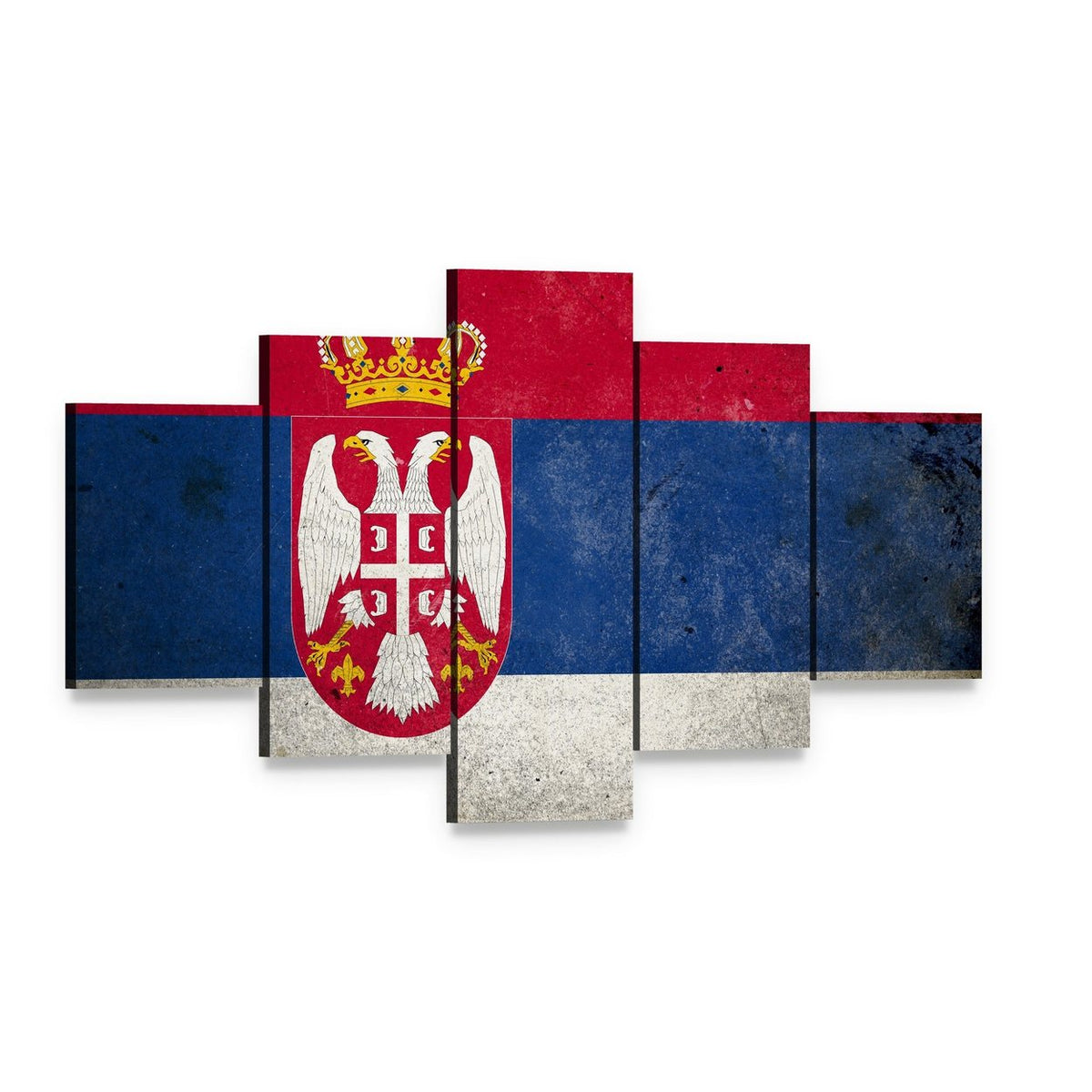 Serbian Flag on Grunge Texture Canvas Wall Art, 5 panel 5 Star layout gallery wrapped canvas set, angled product view