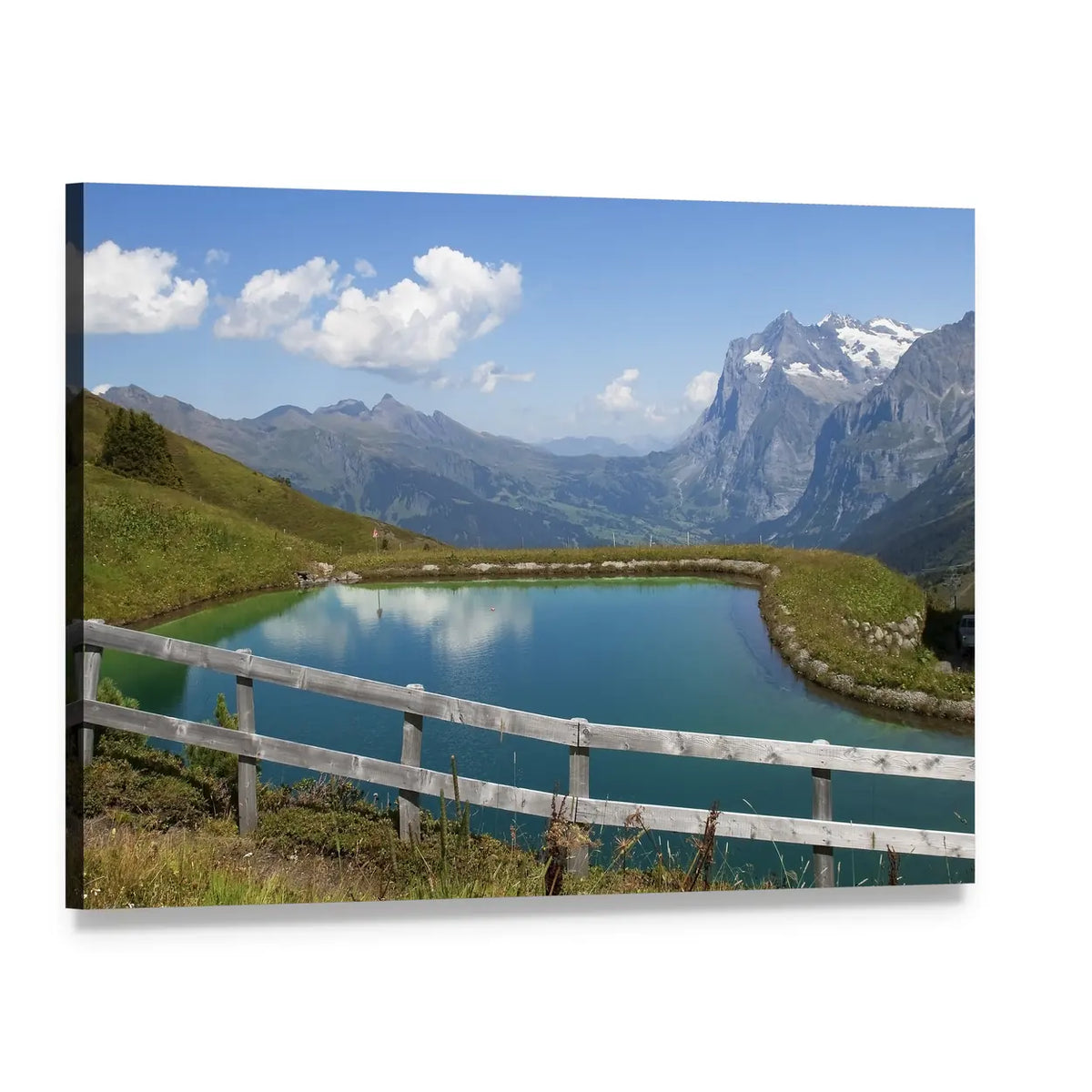 Artificial Lake in Switzerland Canvas Wall Art, single panel gallery wrapped canvas, angled product view