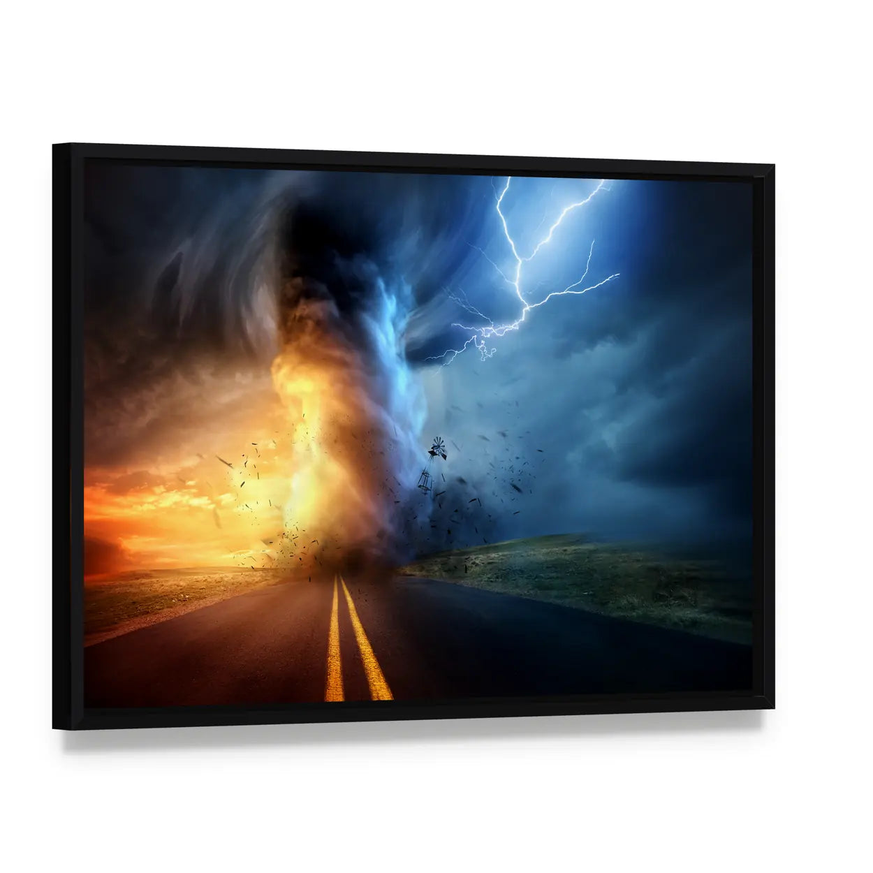 Tornado Over Sunset Road Canvas Wall Art, framed canvas in a black floater frame, angled product view