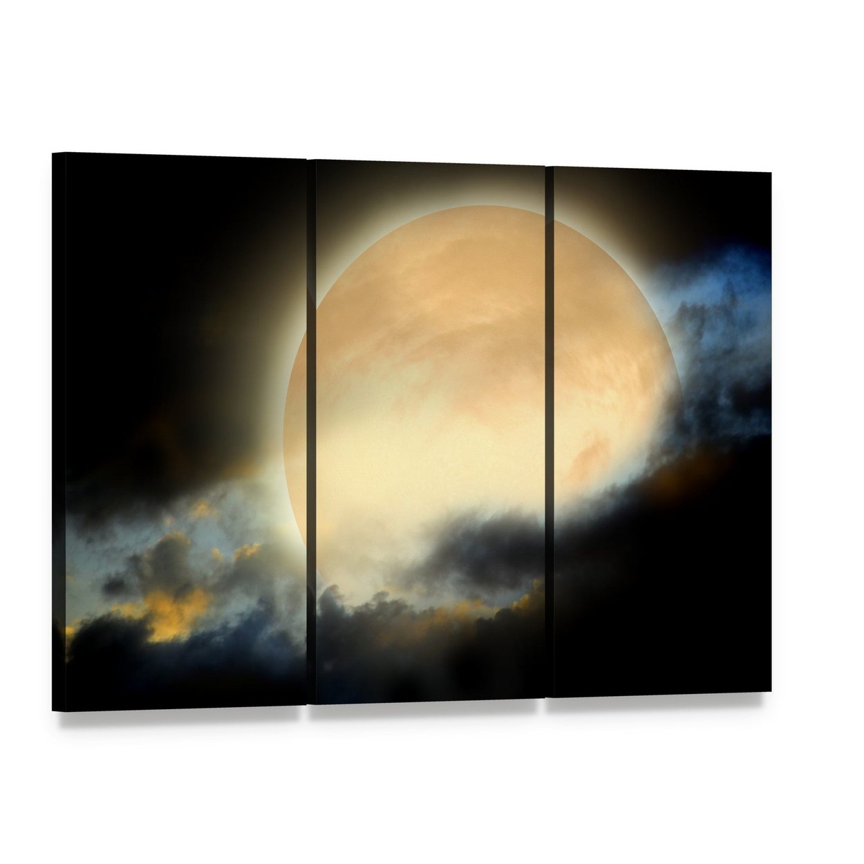 Moon at Night Canvas Wall Art, 3 panel 3 Horizontal layout gallery wrapped canvas set, angled product view