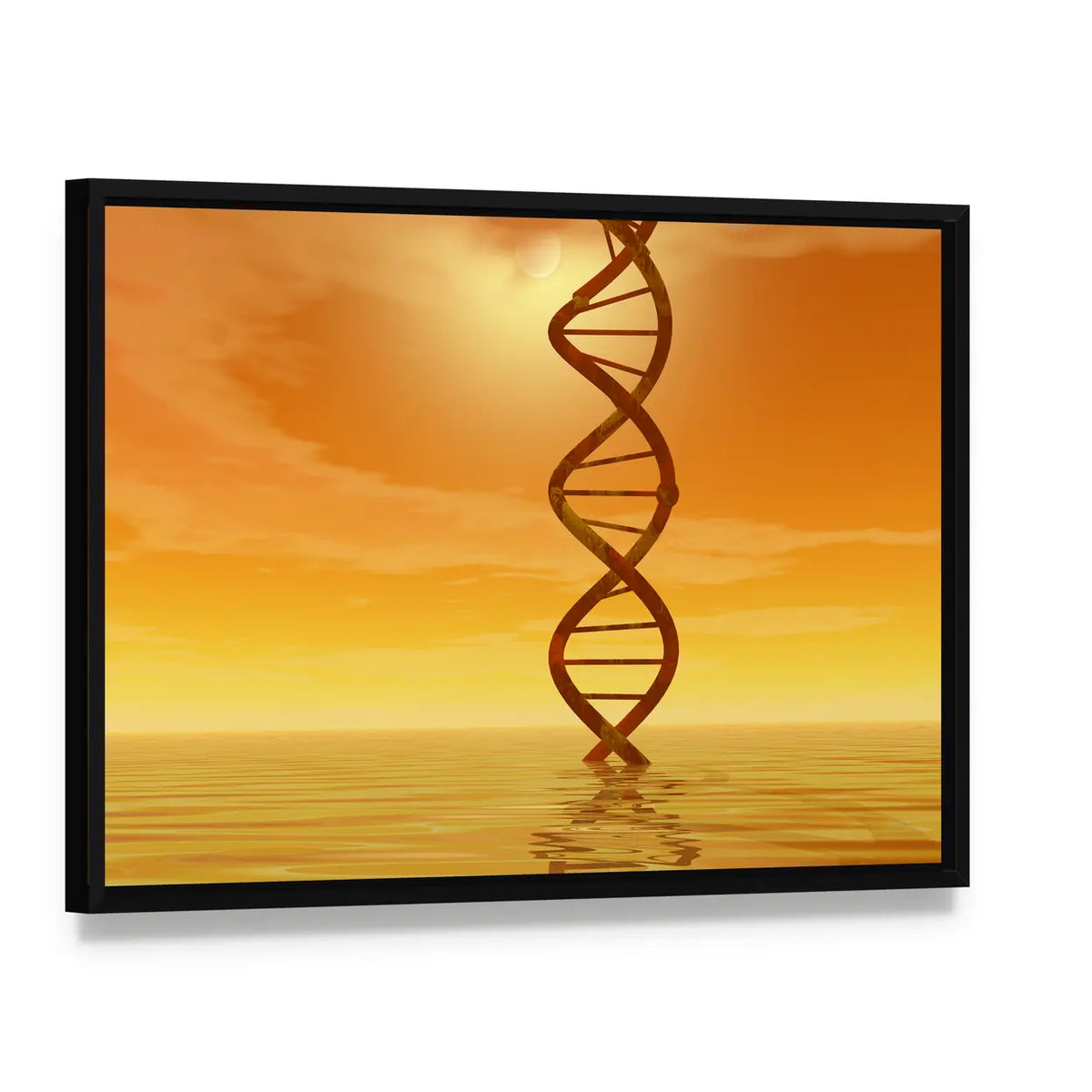 Golden Dna Helix Rising from Water Canvas Wall Art, framed canvas in a black floater frame, angled product view