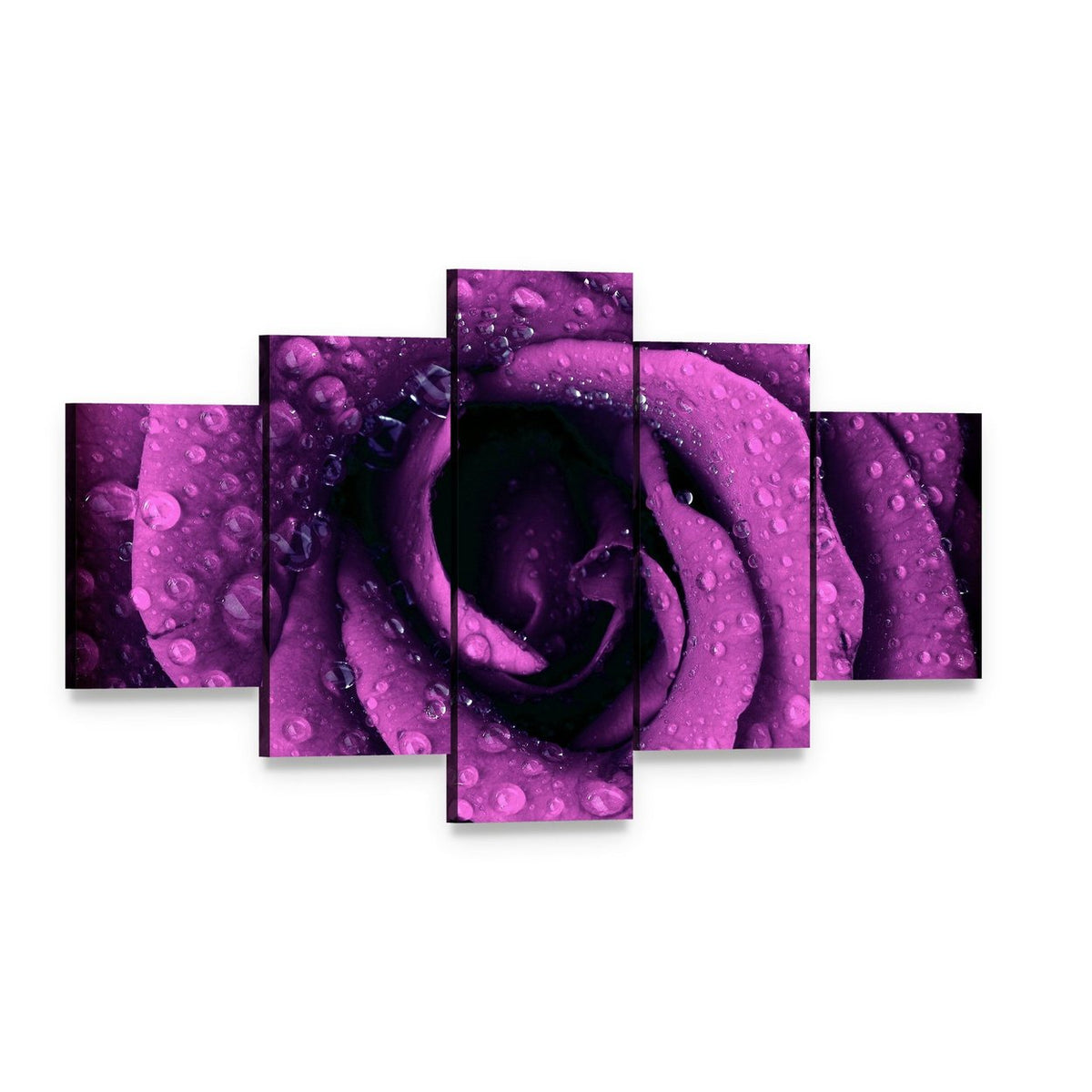 Purple Rose with Dew Drops Canvas Wall Art, 5 panel 5 Star layout gallery wrapped canvas set, angled product view