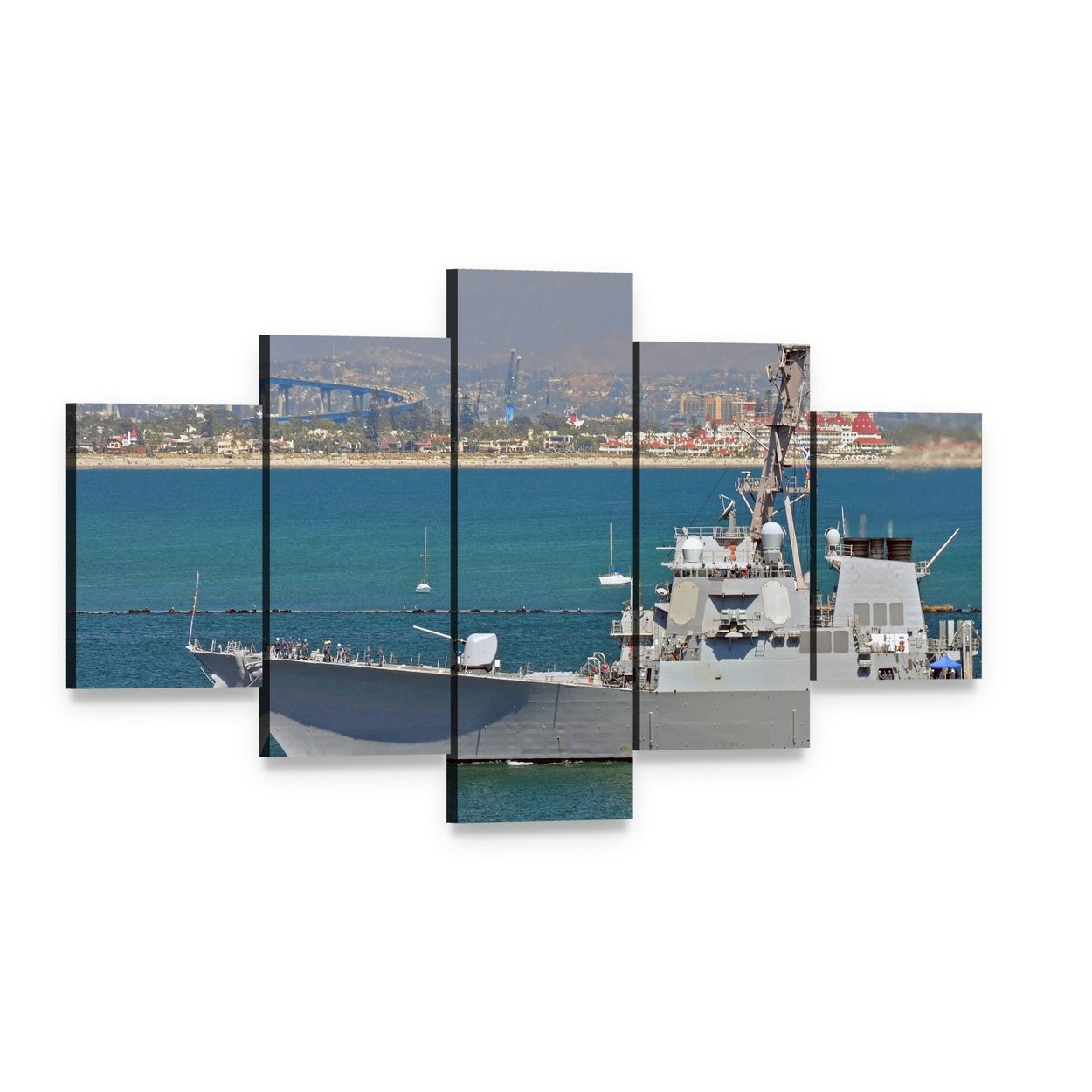 Us Navy Guided Missile Destroyer Canvas Wall Art, 5 panel 5 Star layout gallery wrapped canvas set, angled product view