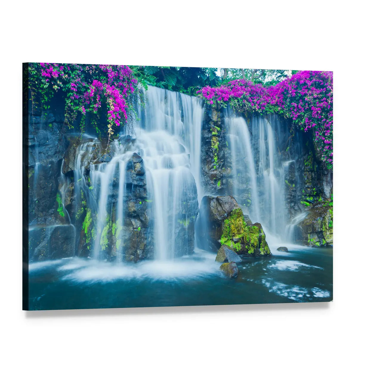 Blue Waterfall with Pink Blossoms Canvas Wall Art, single panel gallery wrapped canvas, angled product view