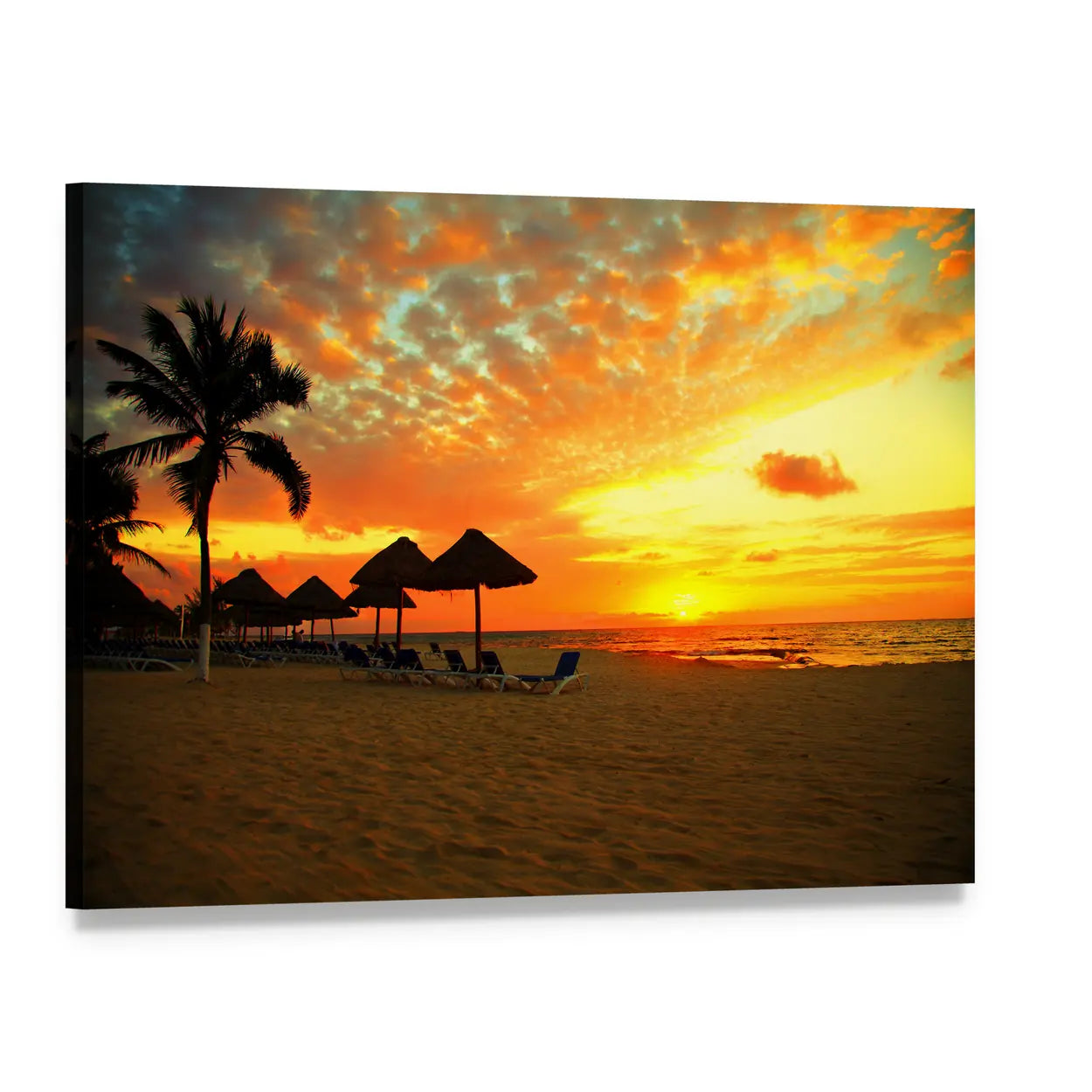 Tropical Sunset with Silhouetted Palm and Thatched Umbrellas Canvas Wall Art, single panel gallery wrapped canvas, angled product view