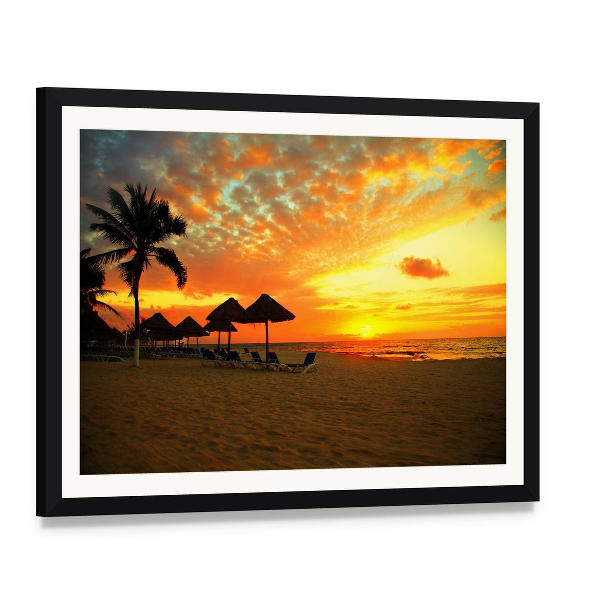 Sunset Scene at Tropical Beach Resort Silhouette Canvas Wall Art, framed print with white mat and black frame, angled product view