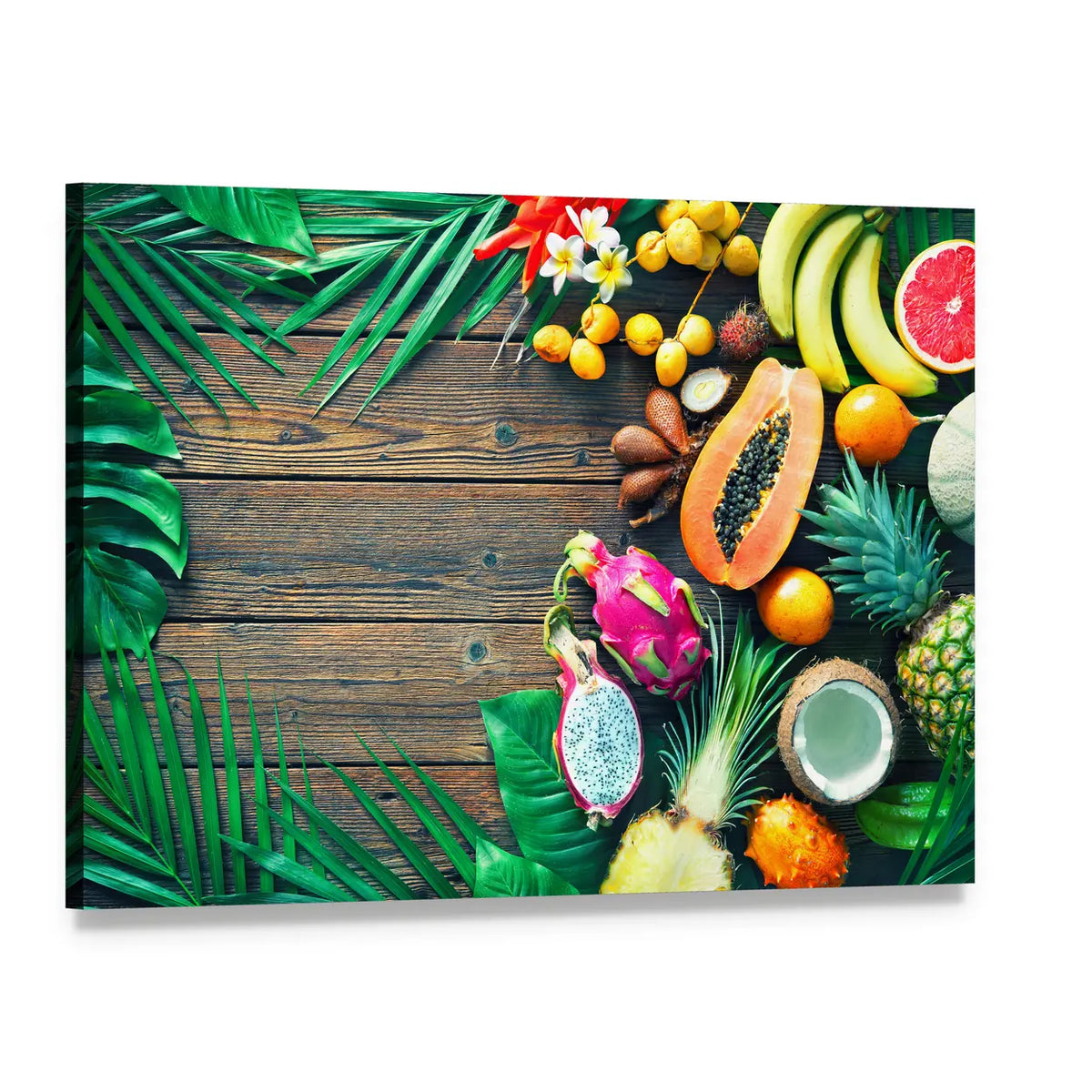 Tropical Fruit Assortment Canvas Wall Art, single panel gallery wrapped canvas, angled product view