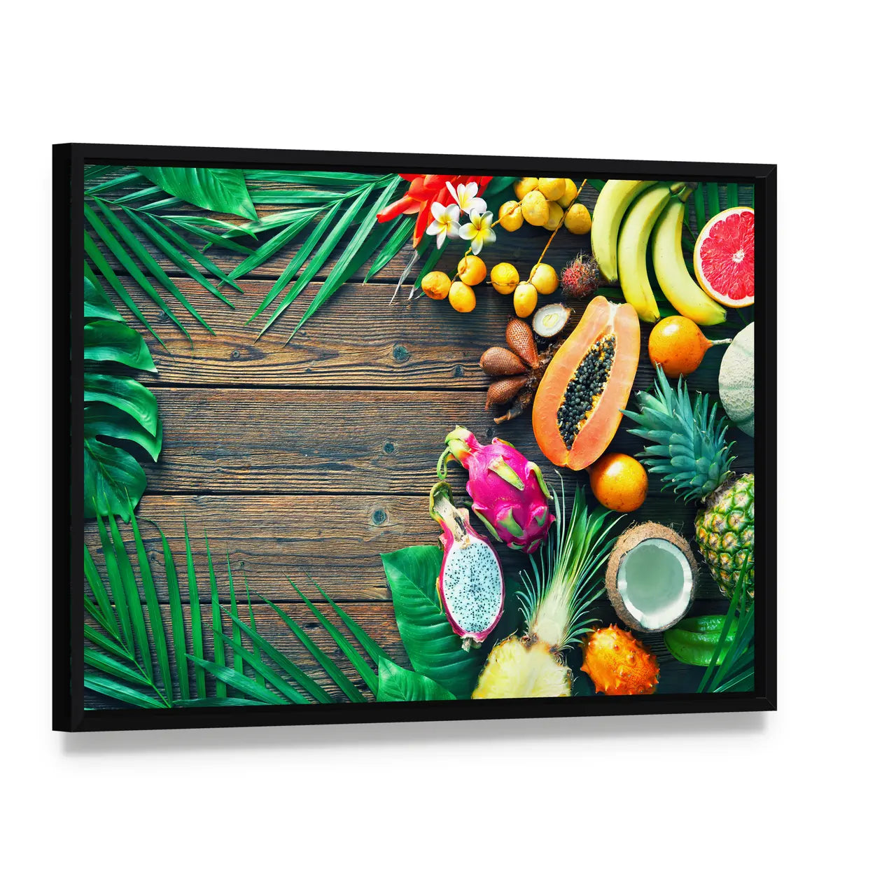 Tropical Fruit Assortment Canvas Wall Art, framed canvas in a black floater frame, angled product view