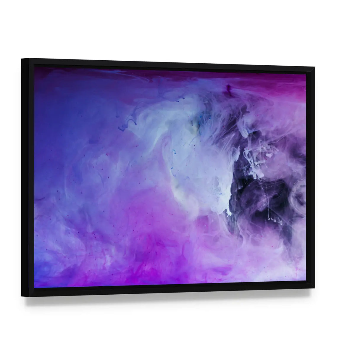 Purple Flowing Paint Canvas Wall Art, framed canvas in a black floater frame, angled product view