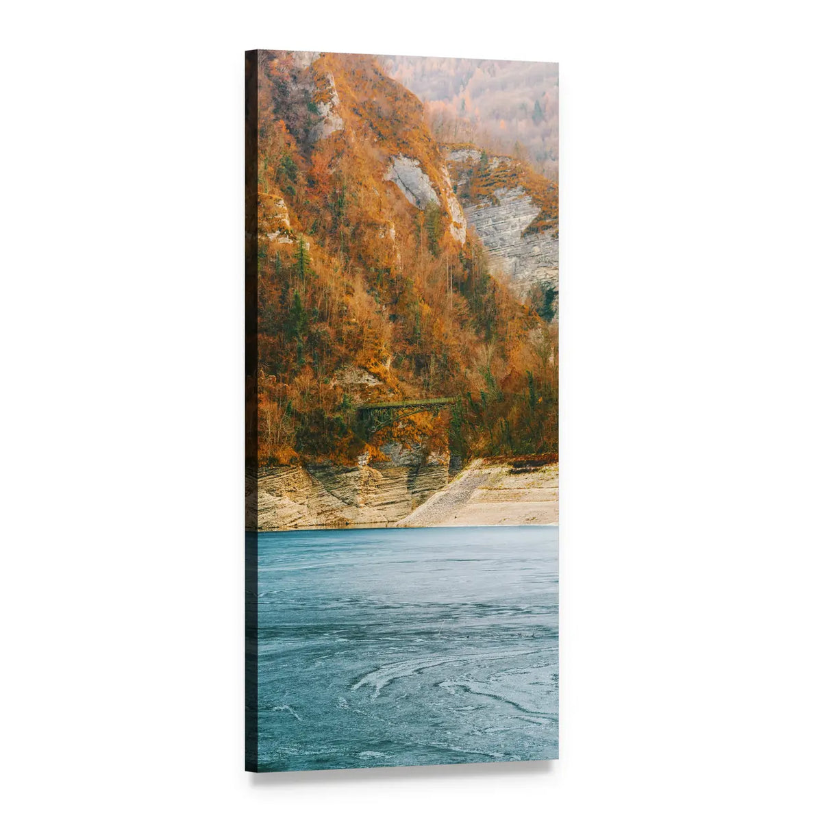River and Mountains in Autumn Vertical Canvas Wall Art, 1 panel 1 Vertical layout gallery wrapped canvas set, angled product view